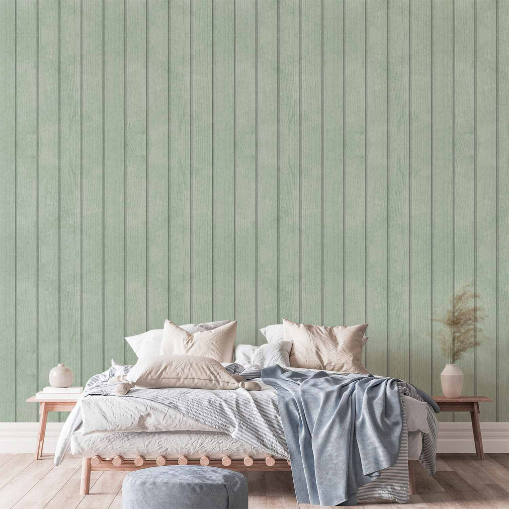 Pastel Green Vertical Wood Stripe Wallpaper
