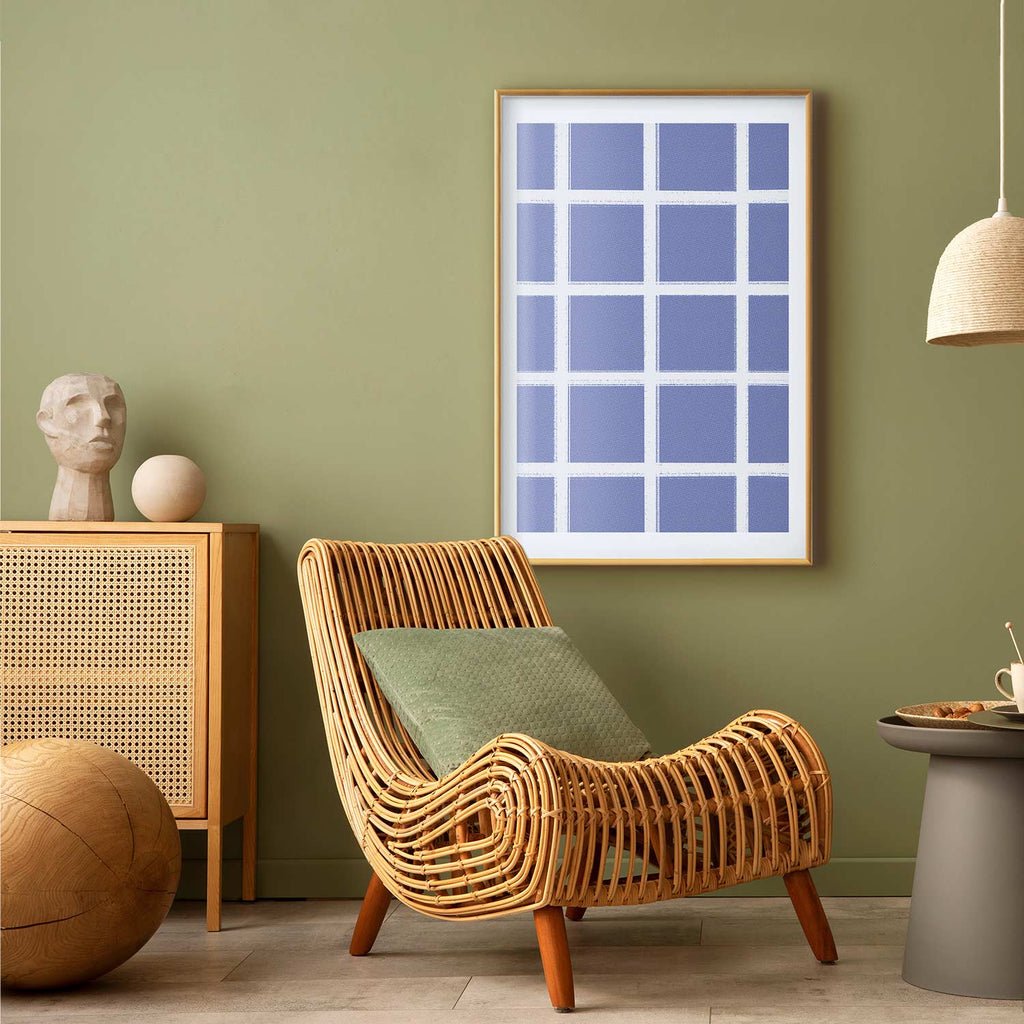 White Line Grid Geometric Blue Poster