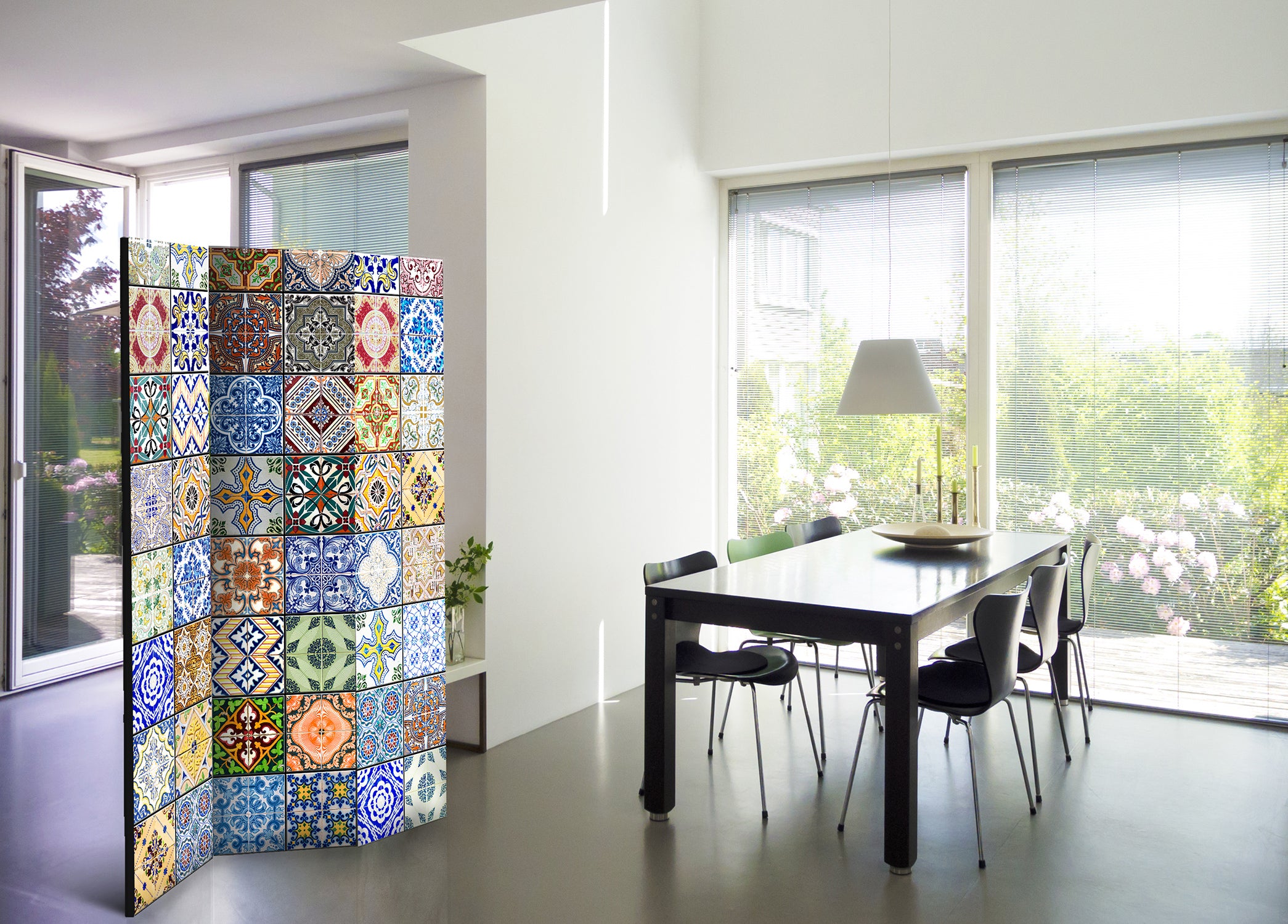 Colorful Geometric Mosaic 3-Panel Room Divider