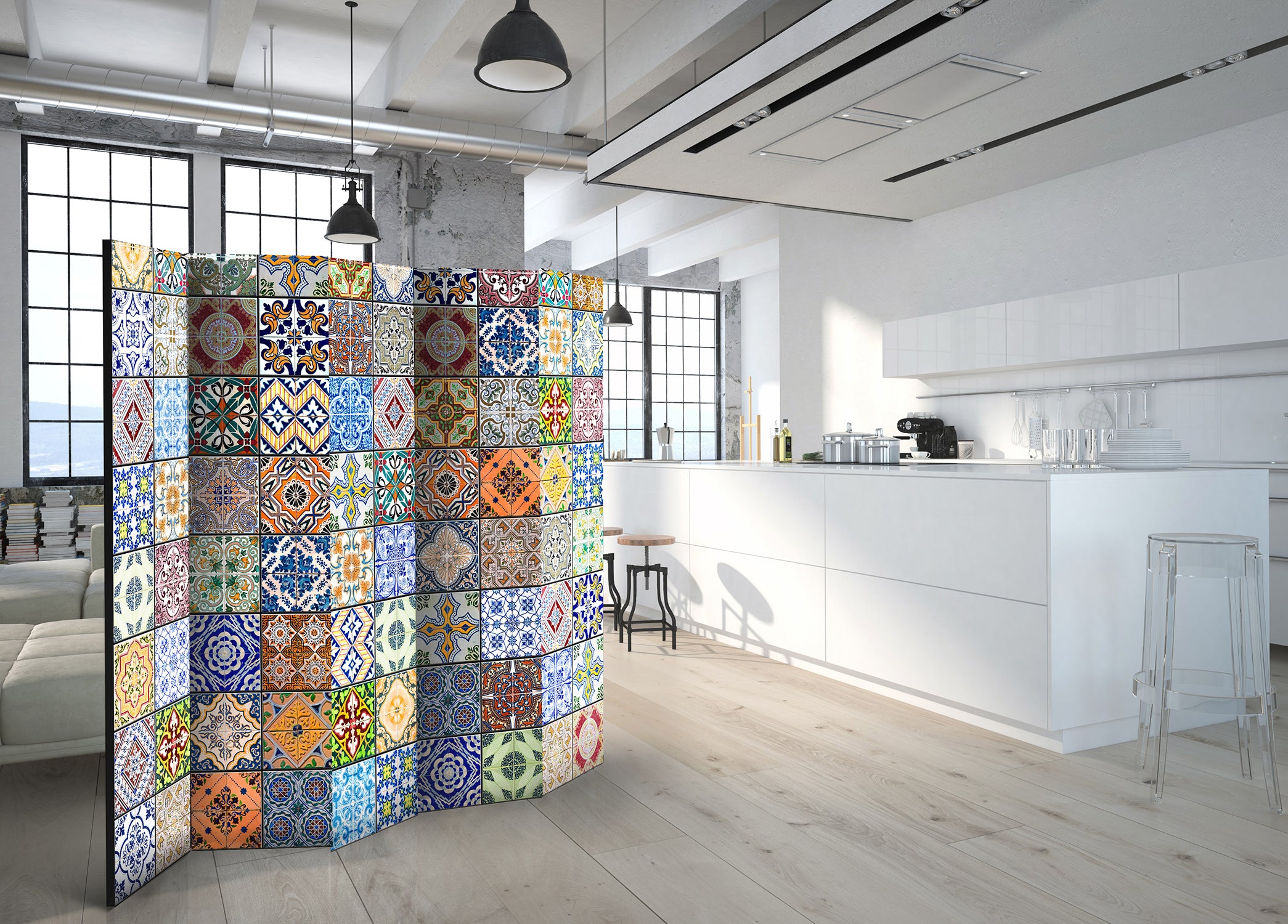 Colorful Geometric Mosaic 5-Panel Room Divider