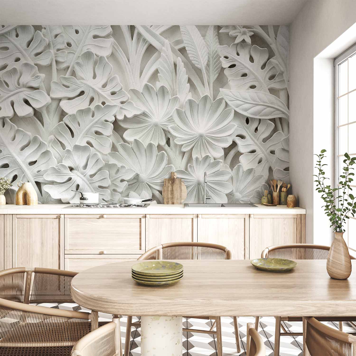 Alabaster Floral Stone Pattern Wall Mural