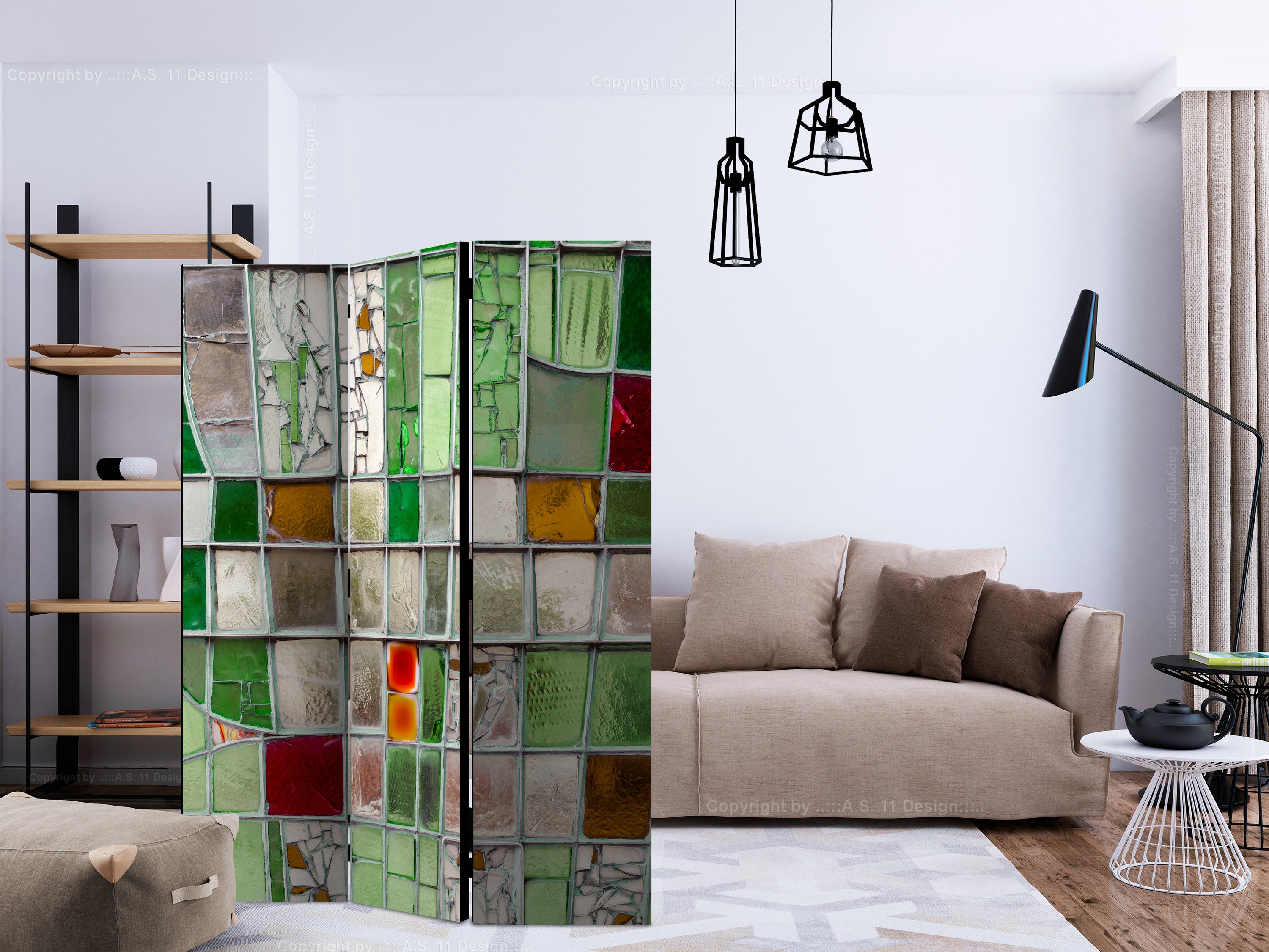 Emerald Stained Glass Mosaic 3-Panel Room Divider