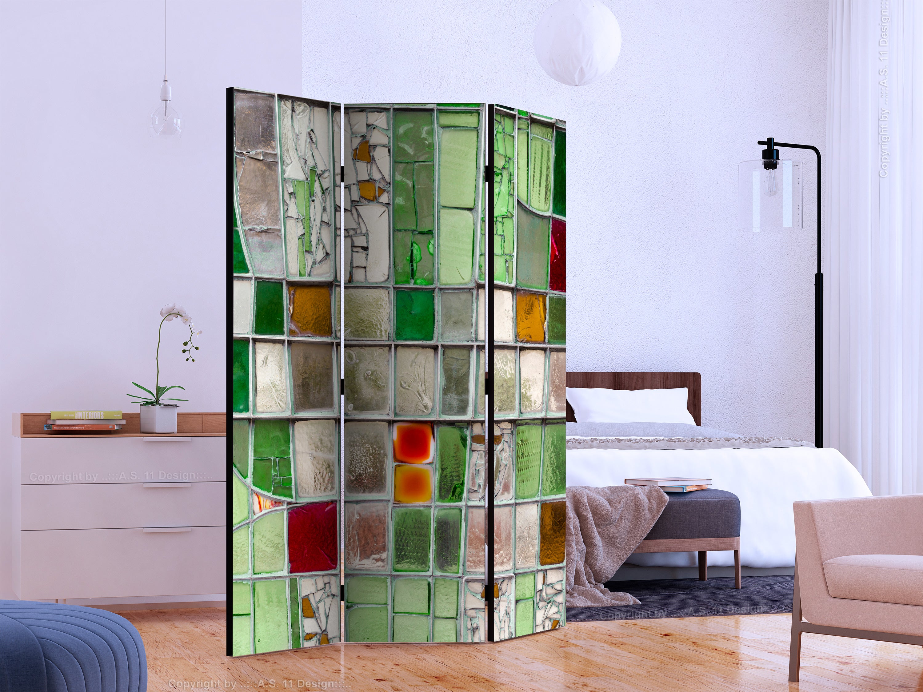 Emerald Stained Glass Mosaic 3-Panel Room Divider