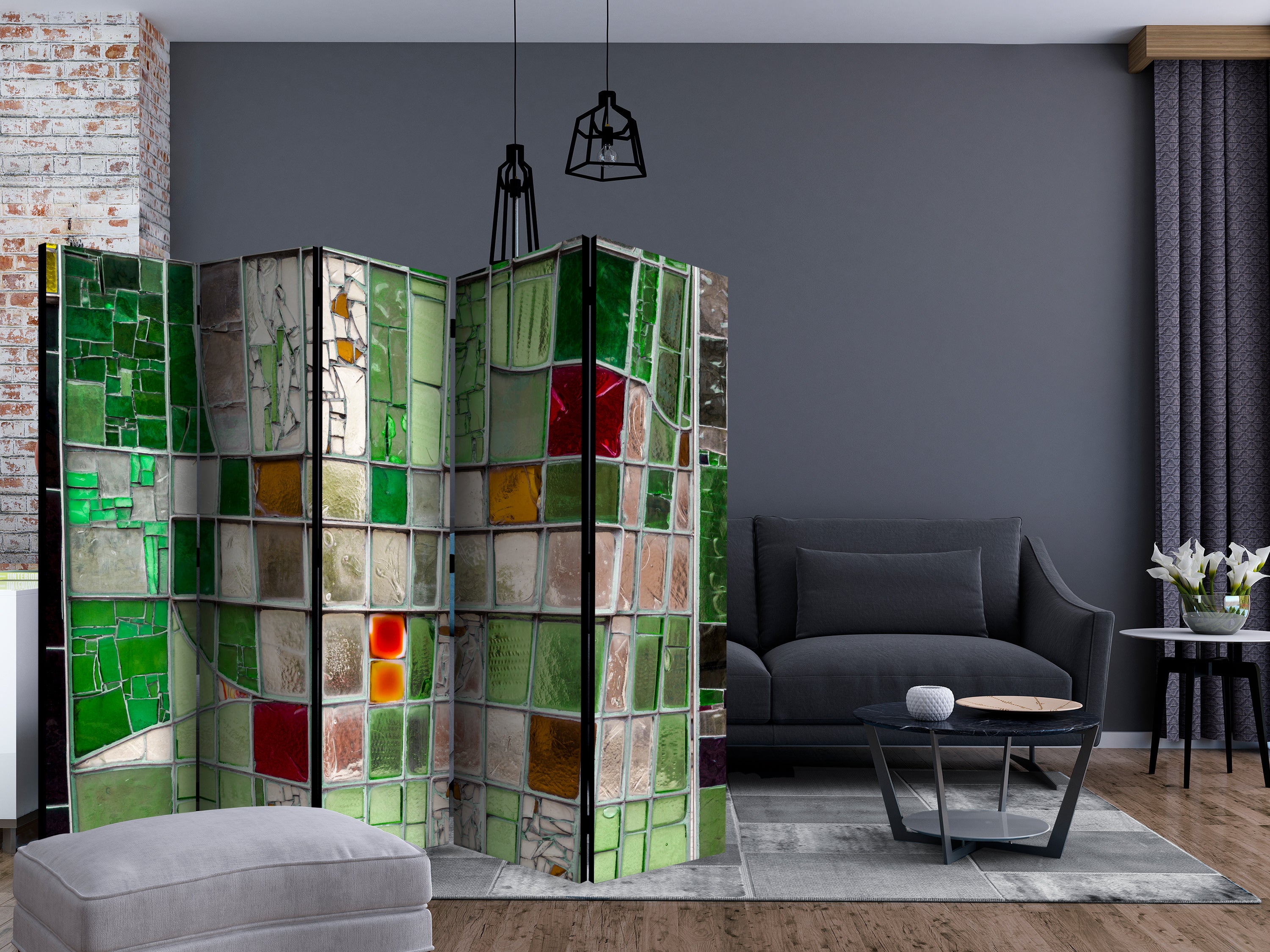 Emerald Stained Glass Mosaic 5-Panel Room Divider