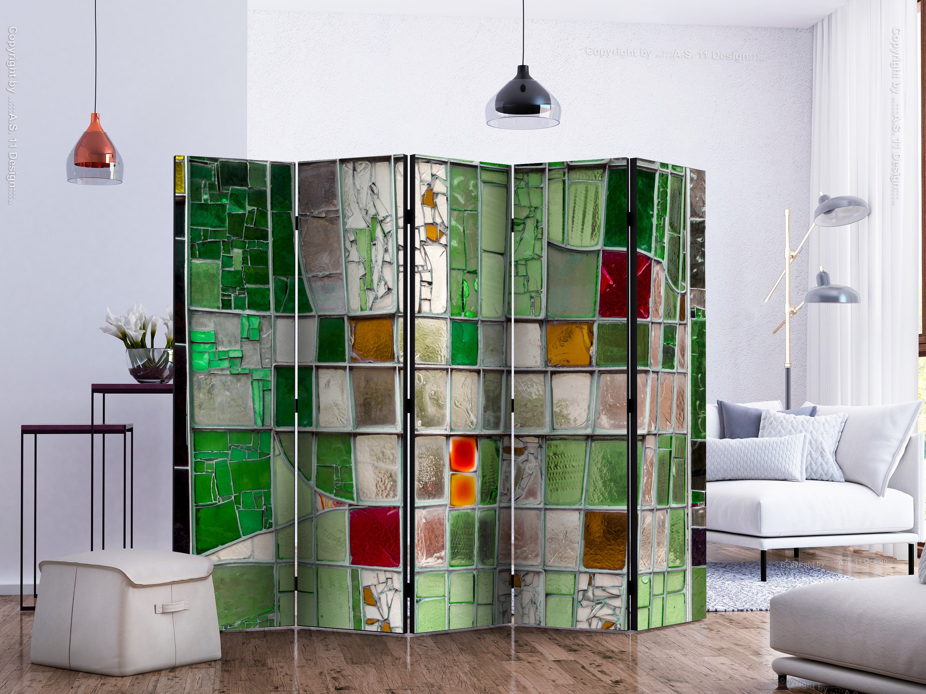 Emerald Stained Glass Mosaic 5-Panel Room Divider