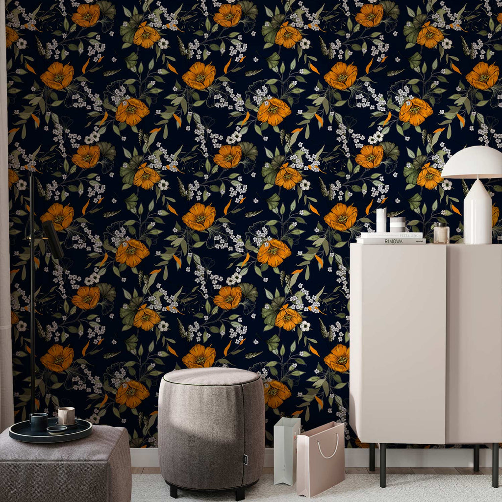 Floral Wallpaper Orange Bloom