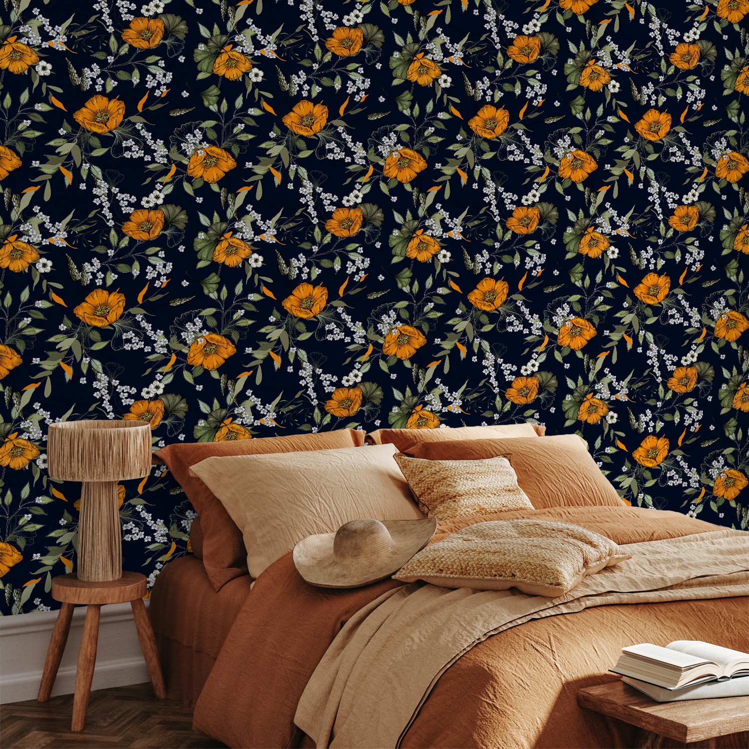 Orange Bloom Floral Wallpaper