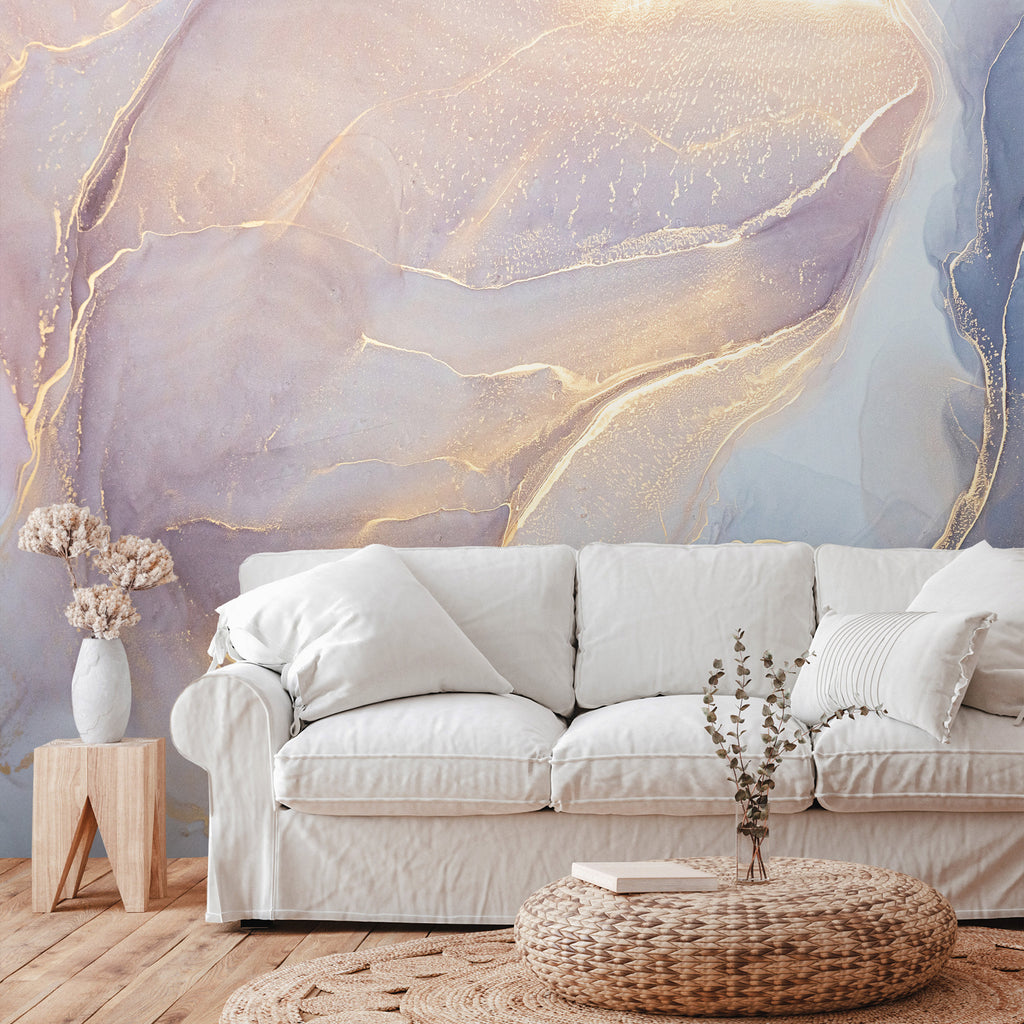 Wall Mural Pink Blue Marble Abstract Watercolour with Gold Accent