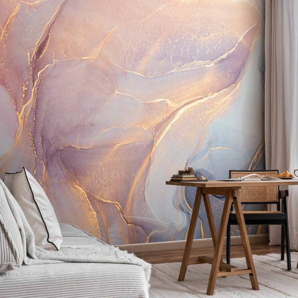 Pink Blue Marble Watercolor Wall Mural with Gold Accents