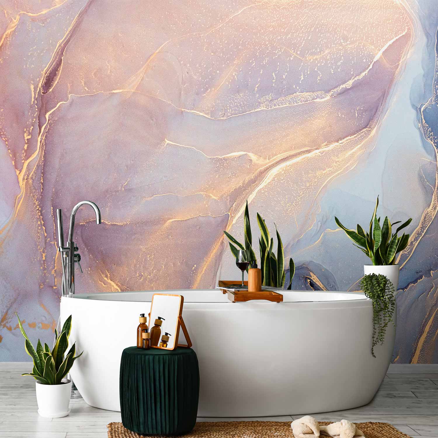 Pink Blue Marble Watercolor Wall Mural with Gold Accents