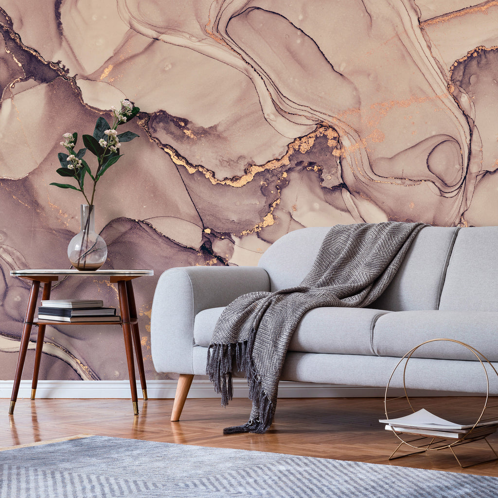 Wall mural Watercolour Abstraction Powder Pink Marble with Gold Accents