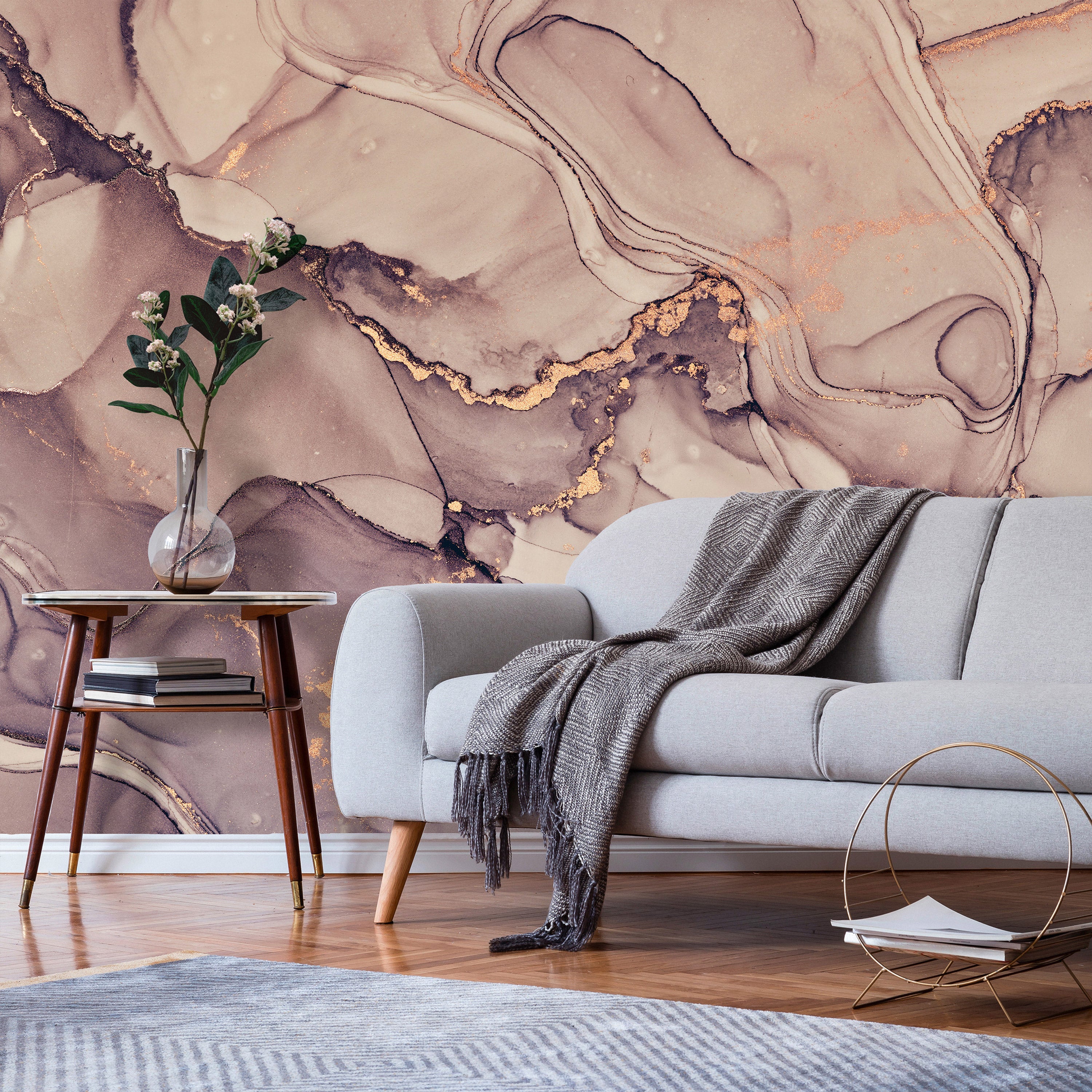 Wall mural Watercolour Abstraction Powder Pink Marble with Gold Accents