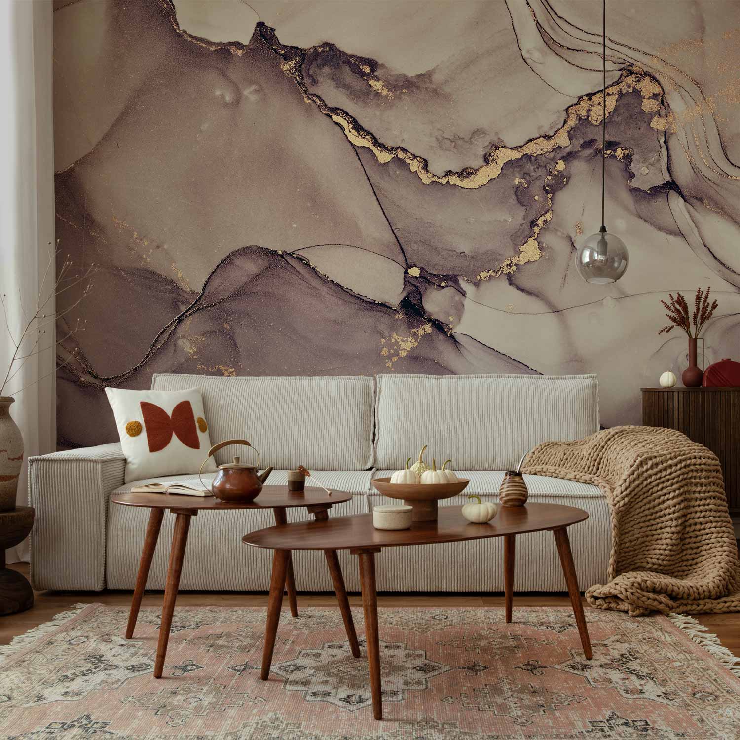 Wall mural Watercolour Abstraction Powder Pink Marble with Gold Accents