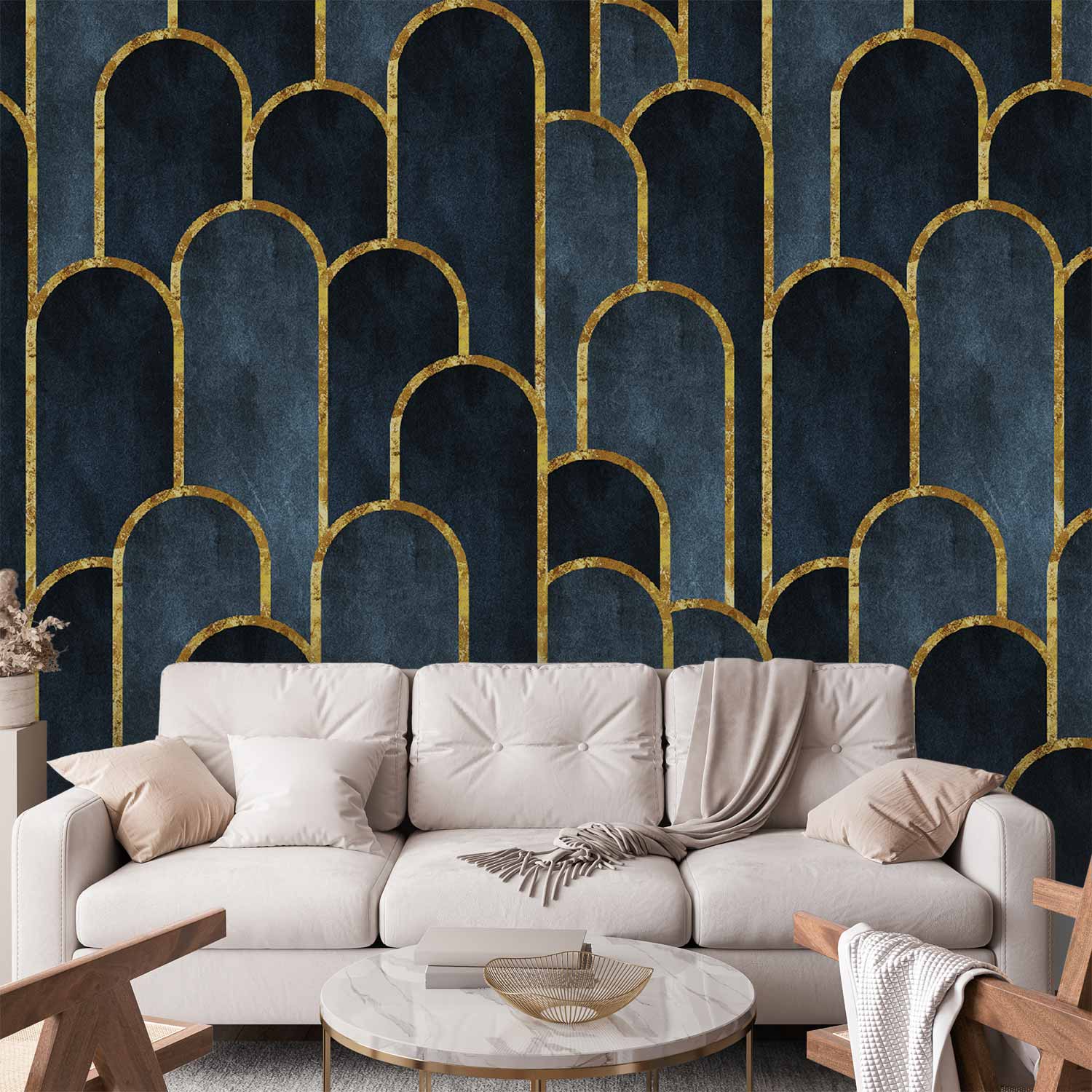 Wall Mural Gold and Navy Blue Pattern