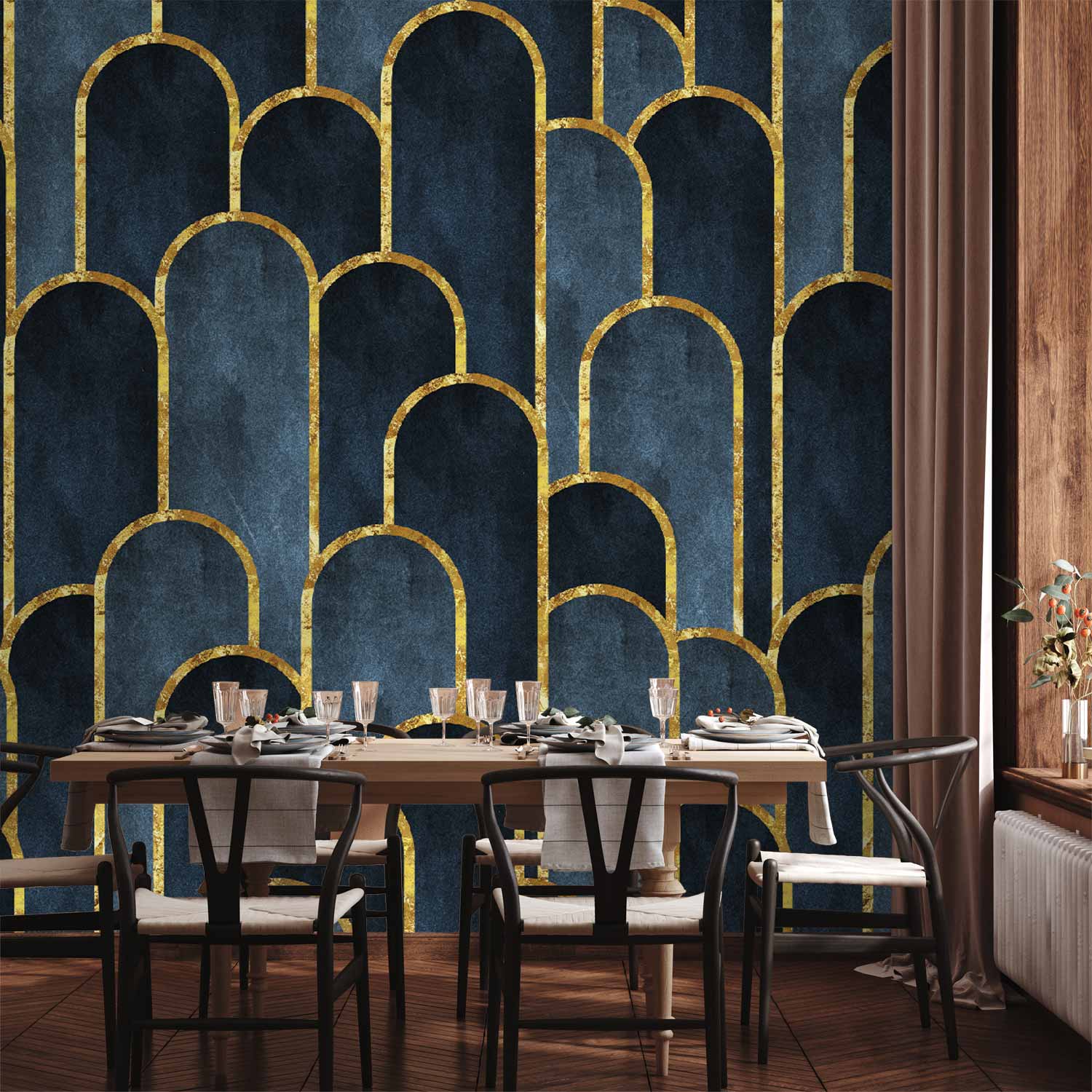 Wall Mural Gold and Navy Blue Pattern