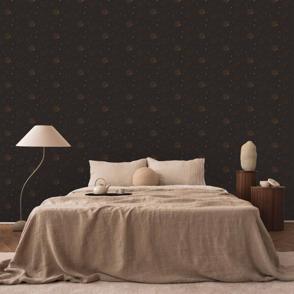 Night Sky Suns and Planets Black Wallpaper