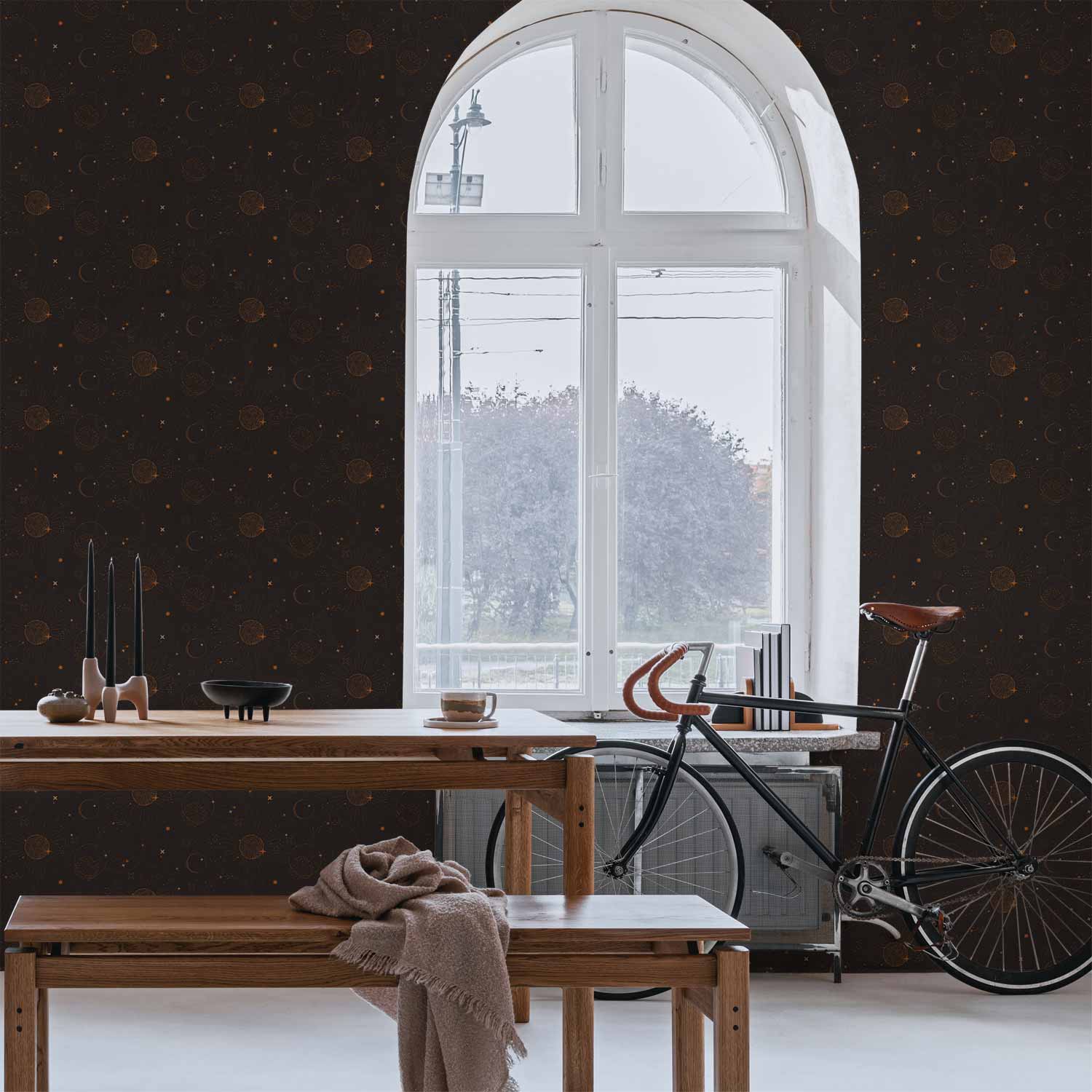 Night Sky Suns and Planets Black Wallpaper