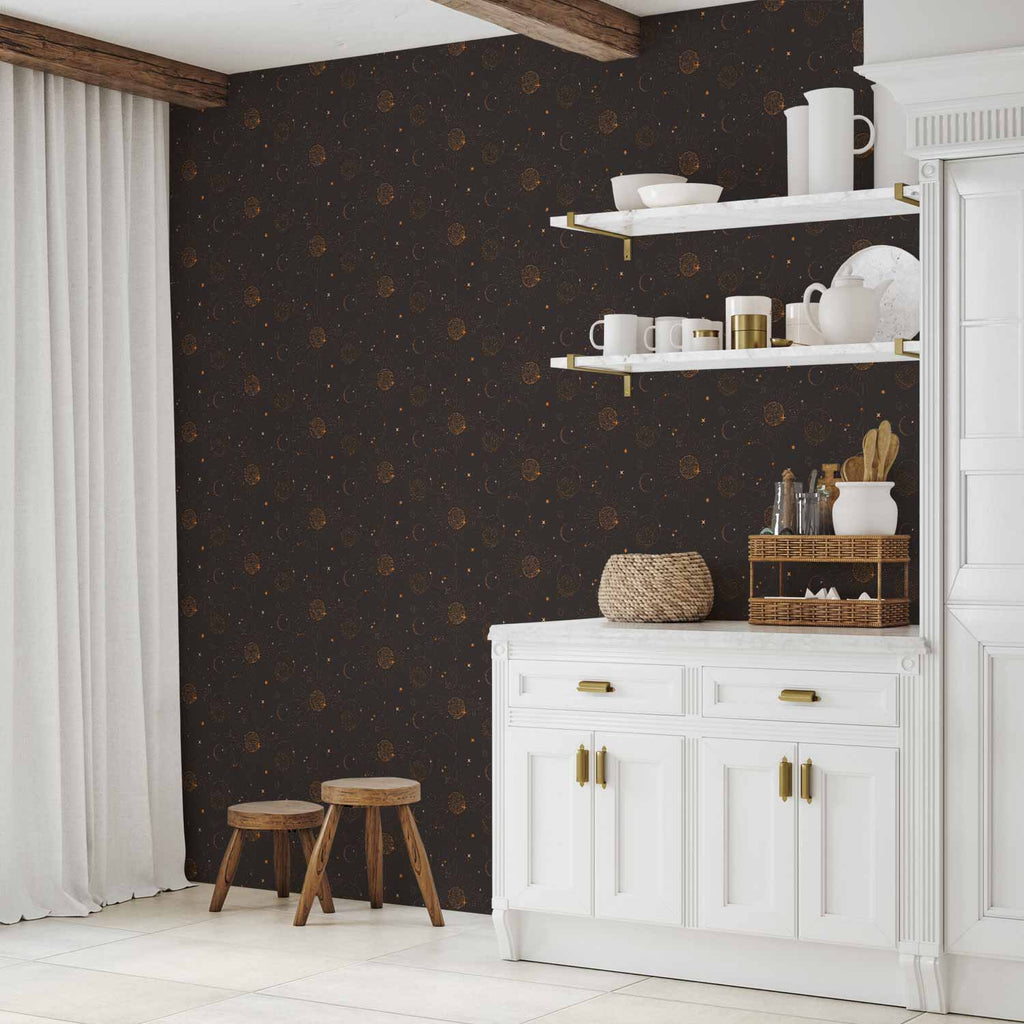 Night Sky Suns and Planets Black Wallpaper