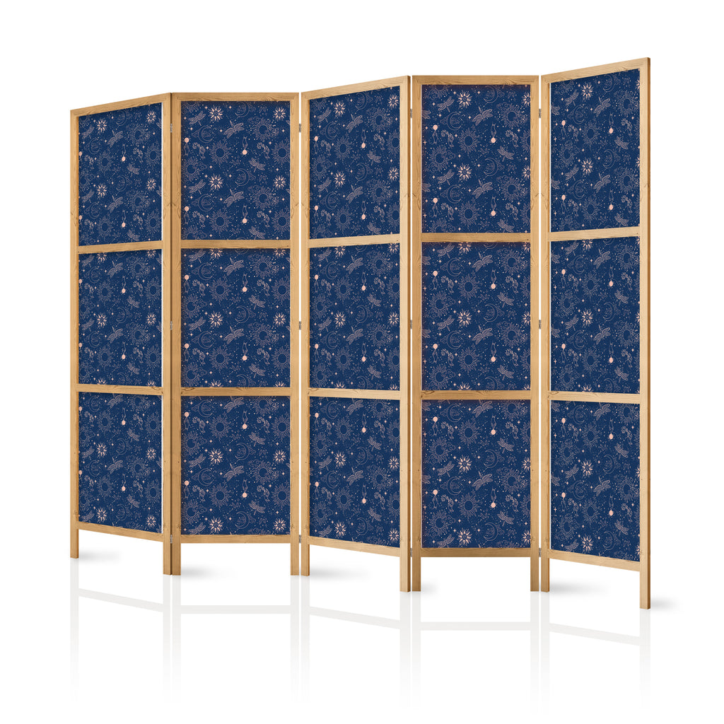 Japanese Room Divider - Cosmic Fantasy Pattern with Suns, Moons & Dragonflies