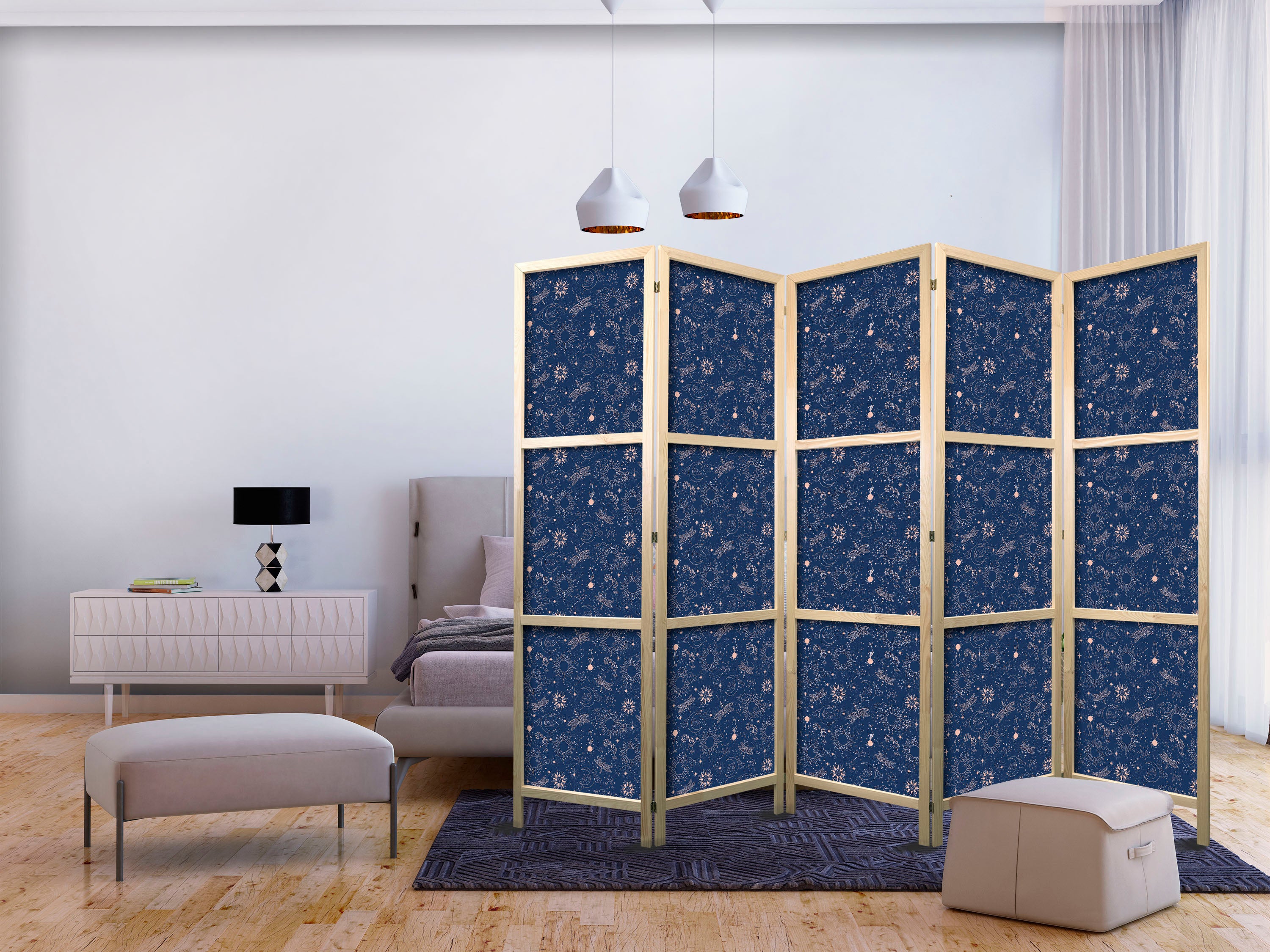 Japanese Room Divider - Cosmic Fantasy Pattern with Suns, Moons & Dragonflies
