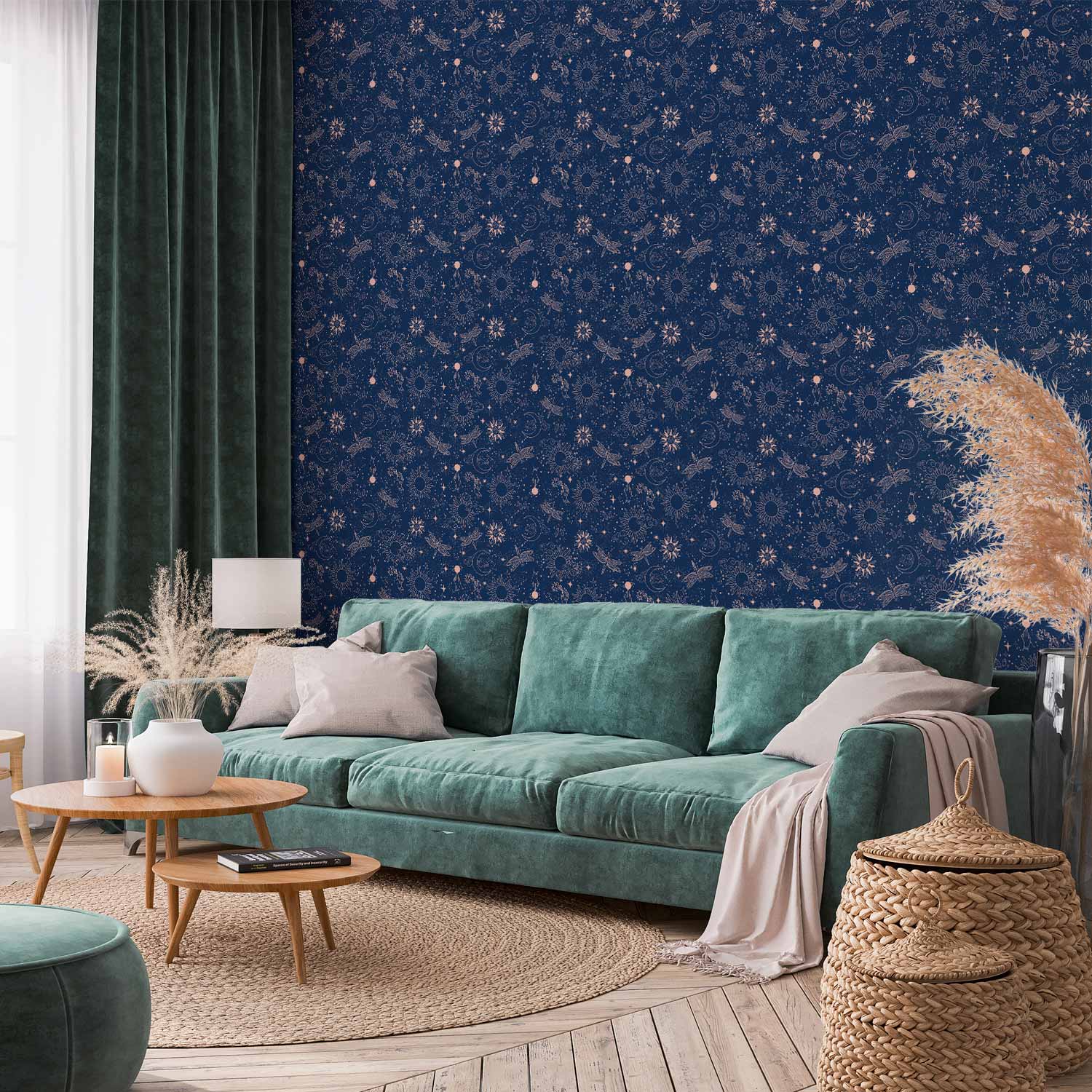 Cosmic Fantasy Wallpaper: Suns, Moons & Dragonflies on Dark Background