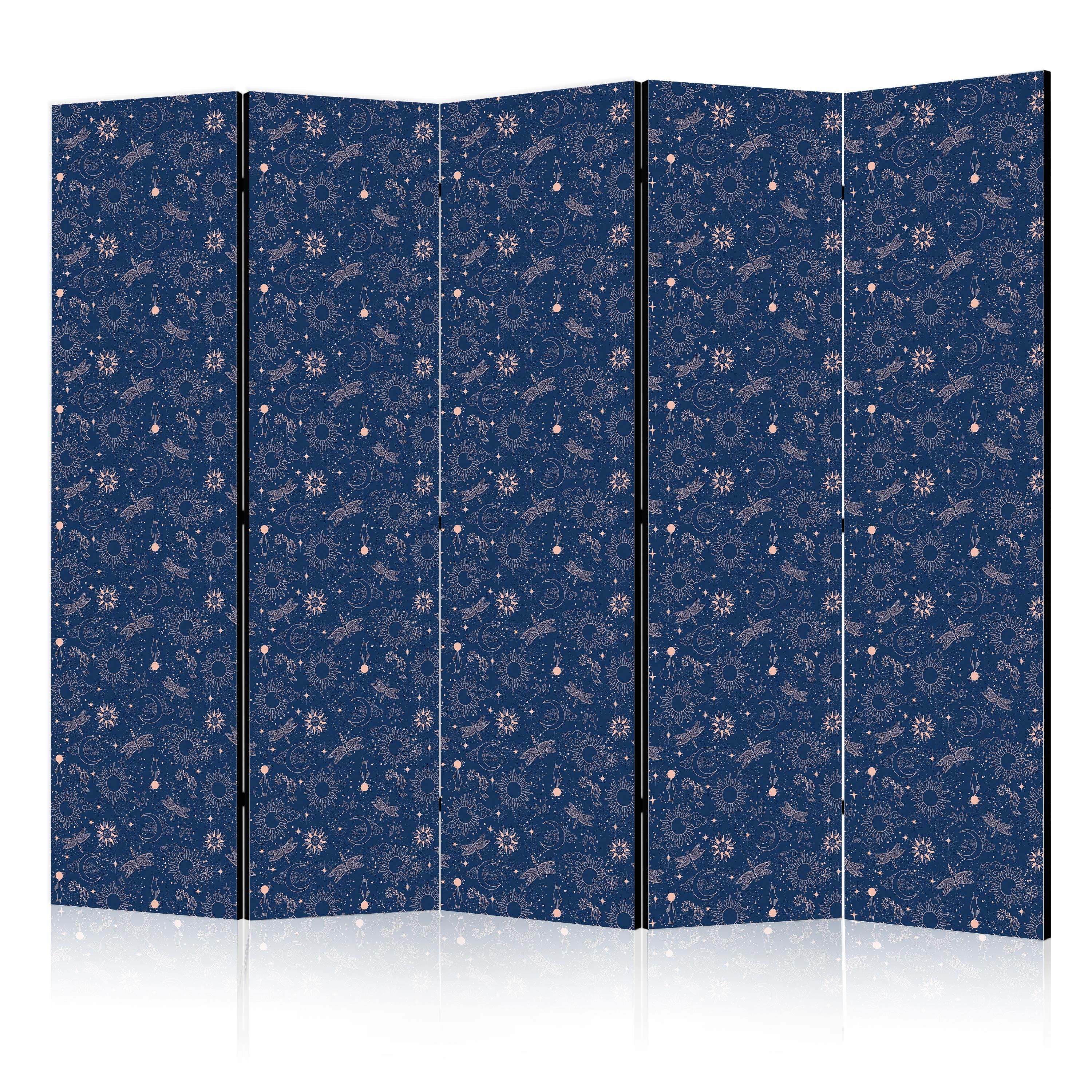 Room Divider Cosmic Fantasy Pattern with Suns Moons and Dragonflies