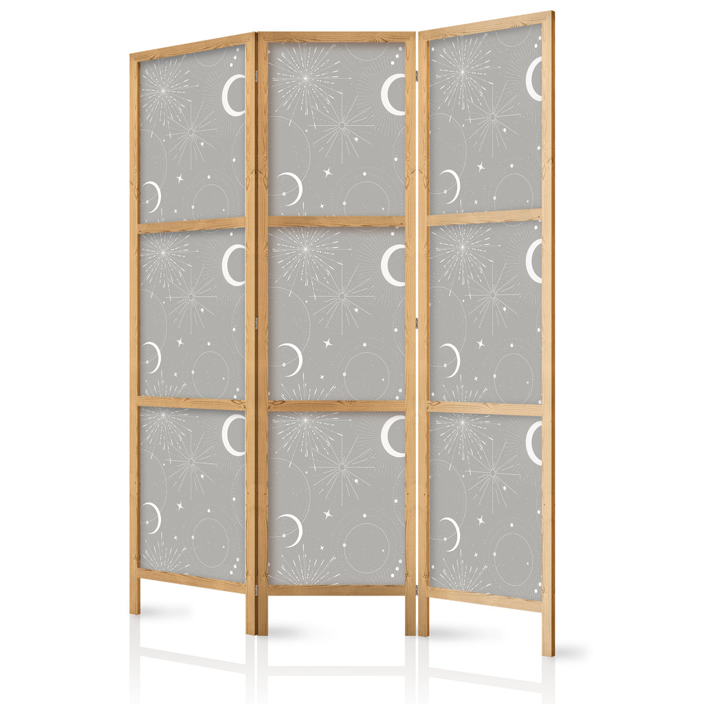 Japanese Room Divider Cosmic Fireworks Moons and Stars on Gray