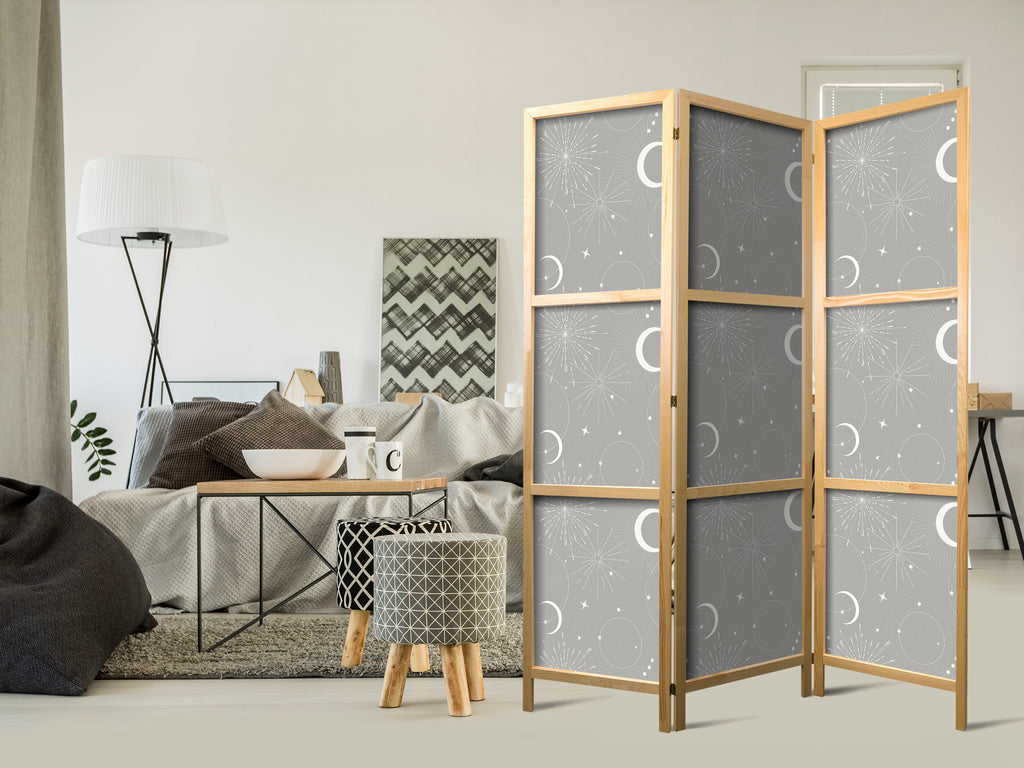 Japanese Room Divider Cosmic Fireworks Moons and Stars on Gray