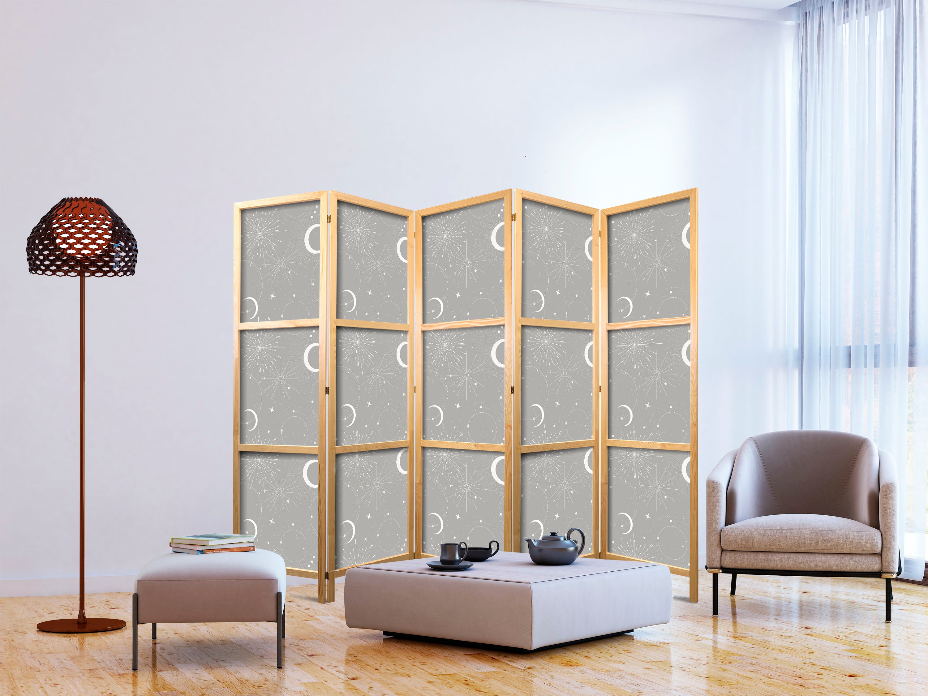Moon and Star Japanese Room Divider on Gray Background