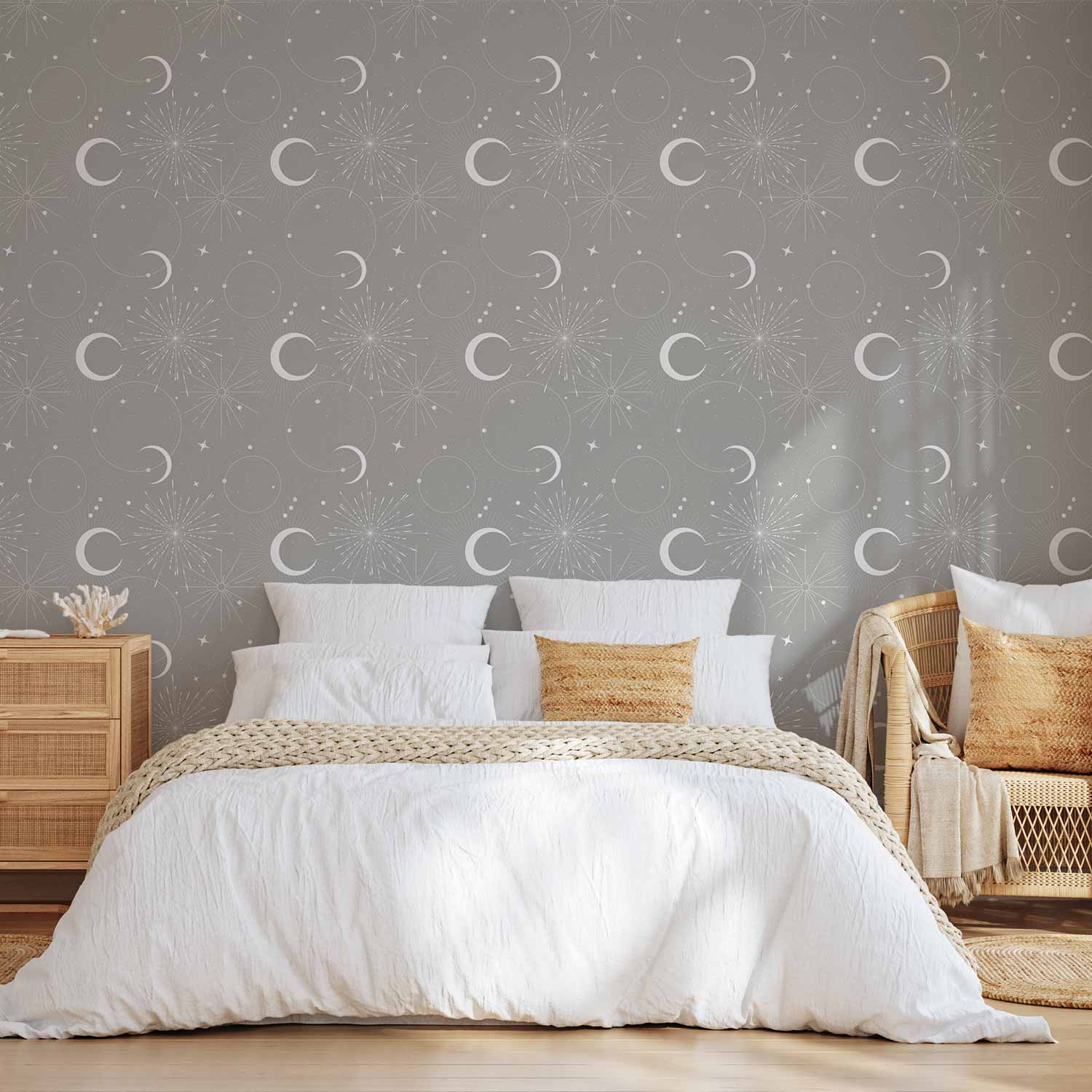 Moon and Stars Grey Pattern Wallpaper