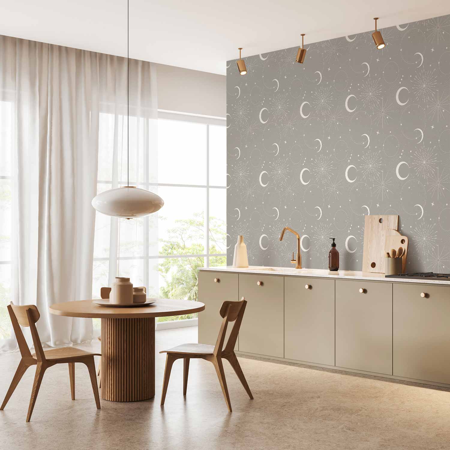 Moon and Stars Grey Pattern Wallpaper
