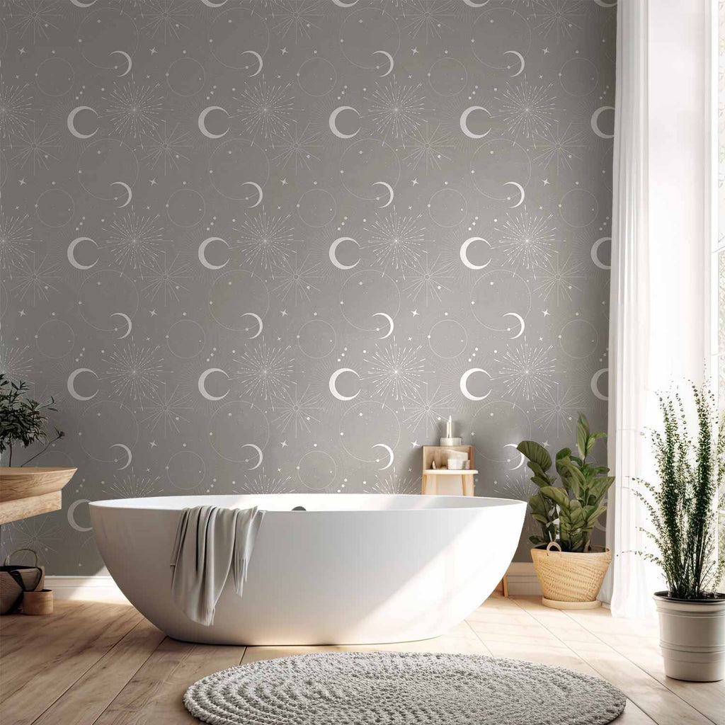 Moon and Stars Grey Pattern Wallpaper
