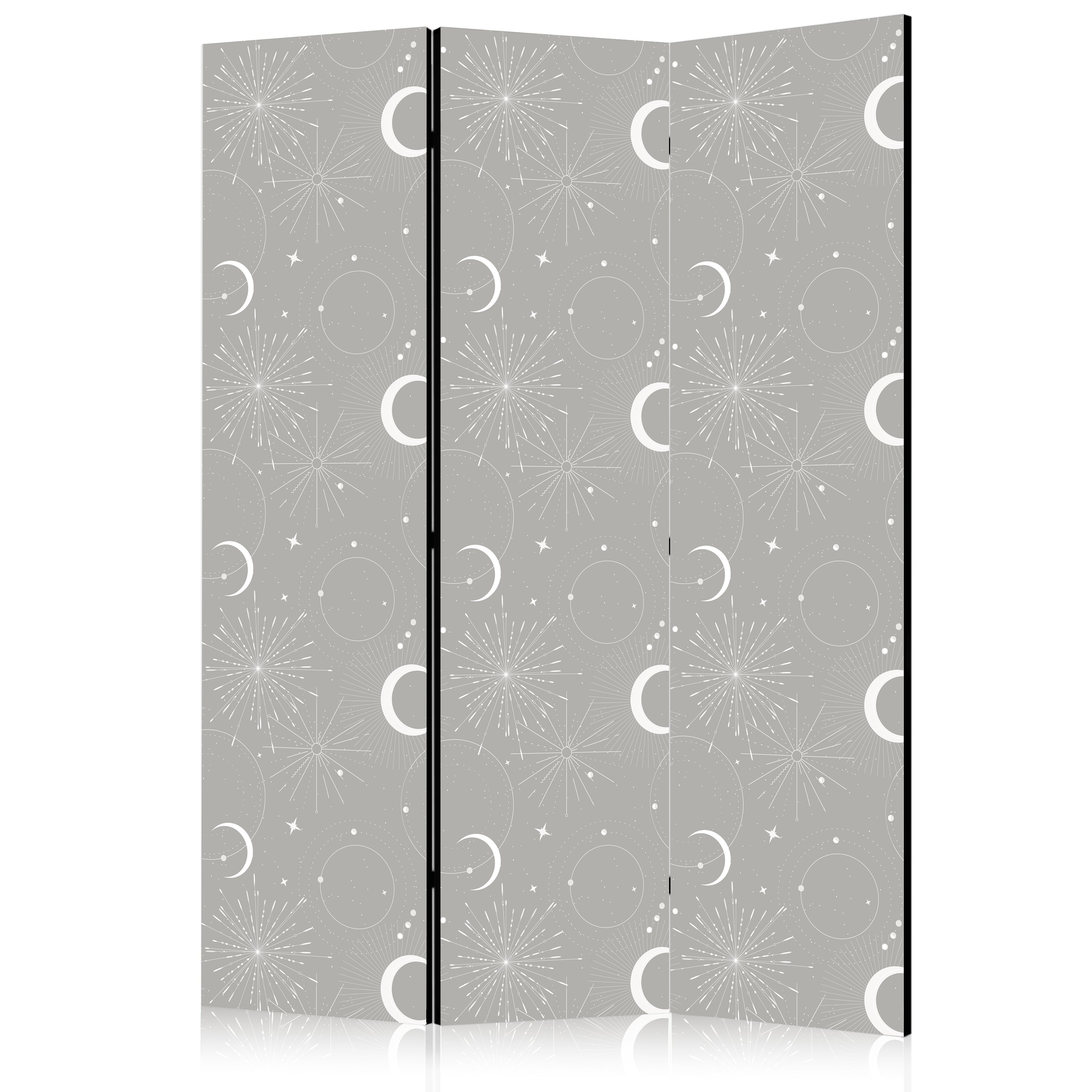 Room Divider Cosmic Fireworks - Moons and Stars on Gray Background