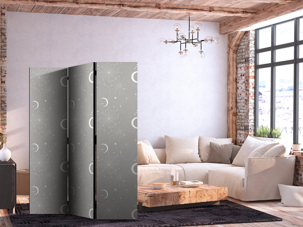 Room Divider Cosmic Fireworks - Moons and Stars on Gray Background