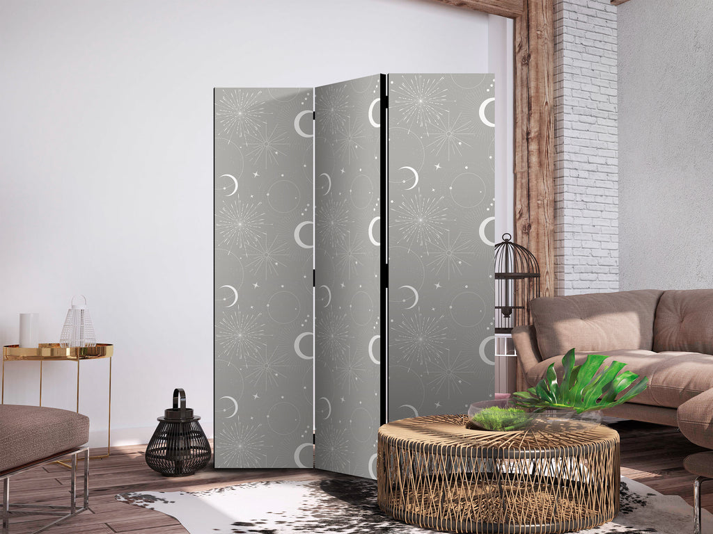 Room Divider Cosmic Fireworks - Moons and Stars on Gray Background