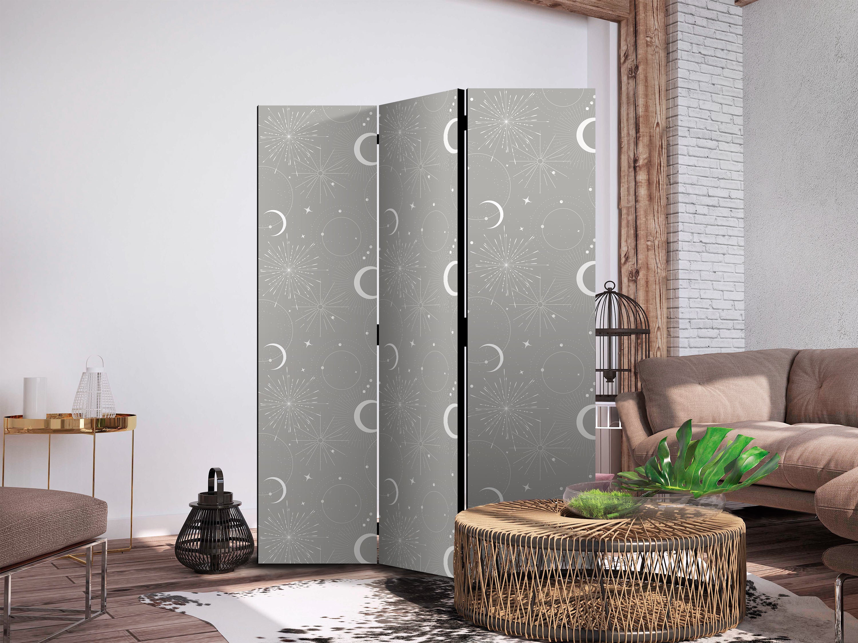 Room Divider Cosmic Fireworks - Moons and Stars on Gray Background