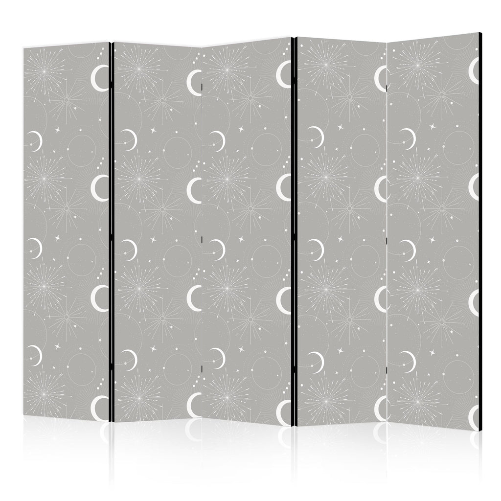 Room Divider - Cosmic Fireworks: Elegant Pattern with Moons and Stars on a Gray Background