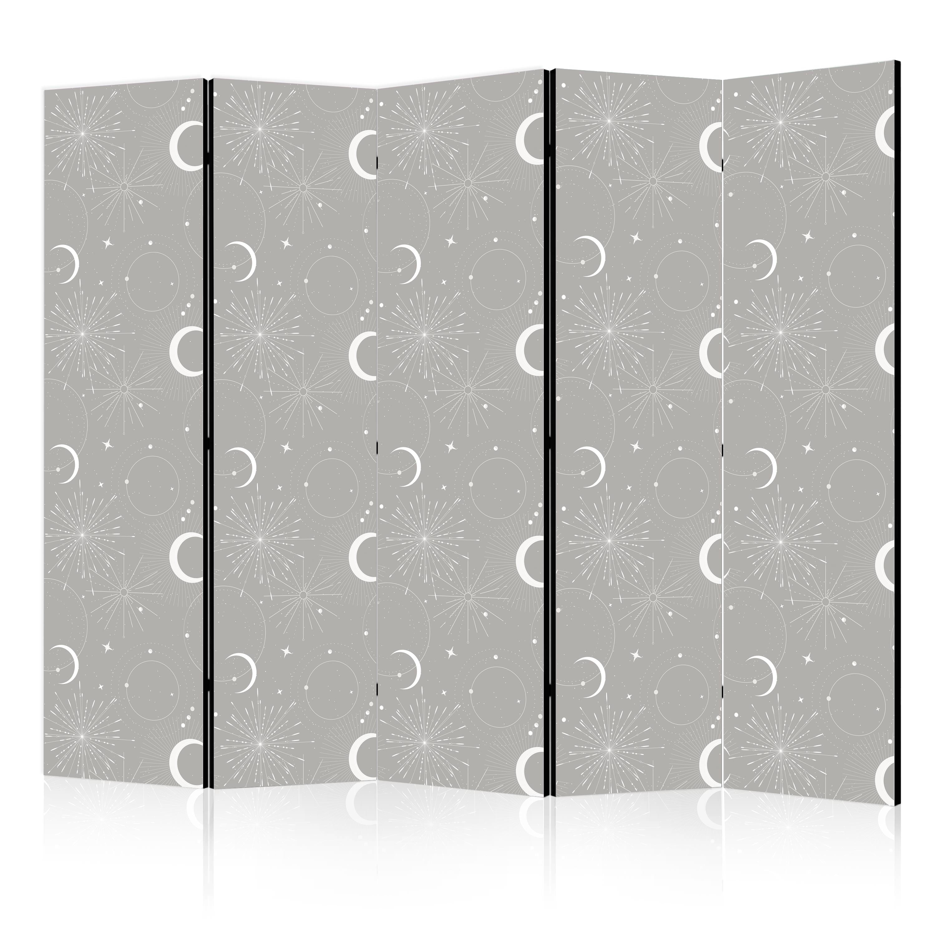 Room Divider - Cosmic Fireworks: Elegant Pattern with Moons and Stars on a Gray Background