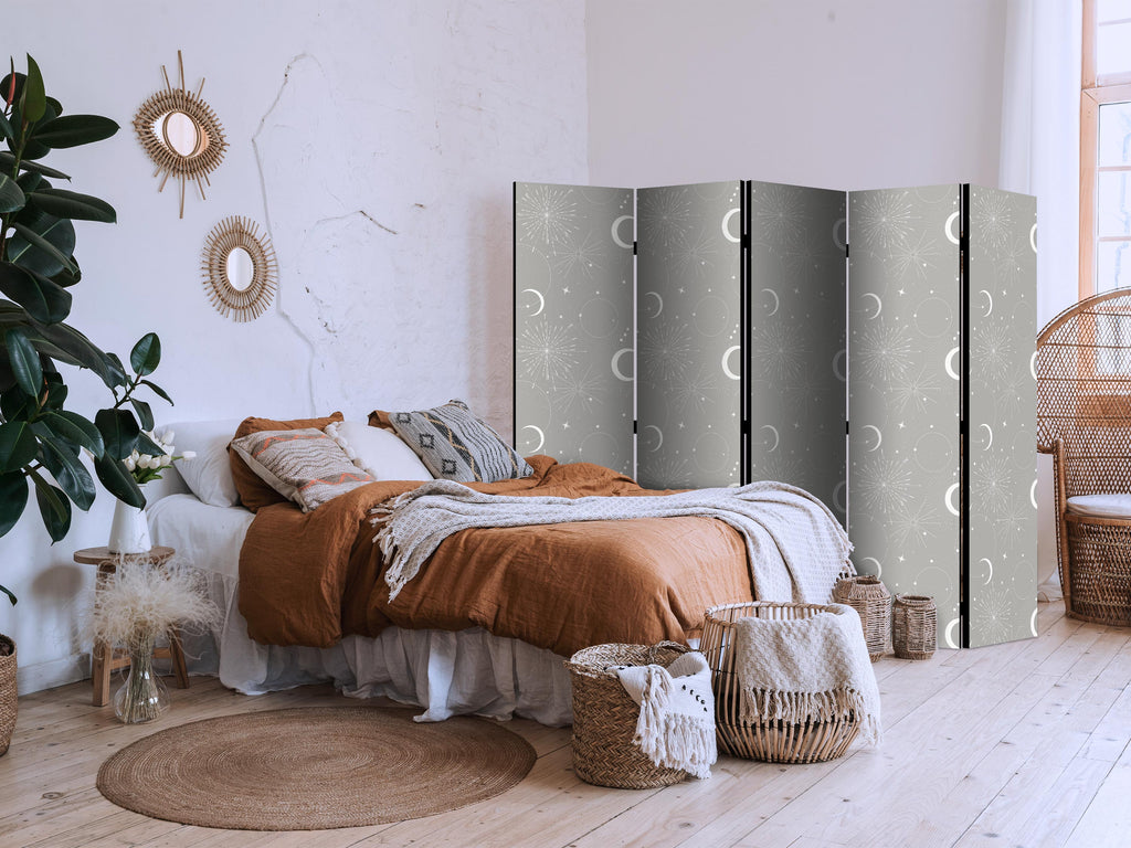 Room Divider - Cosmic Fireworks: Elegant Pattern with Moons and Stars on a Gray Background