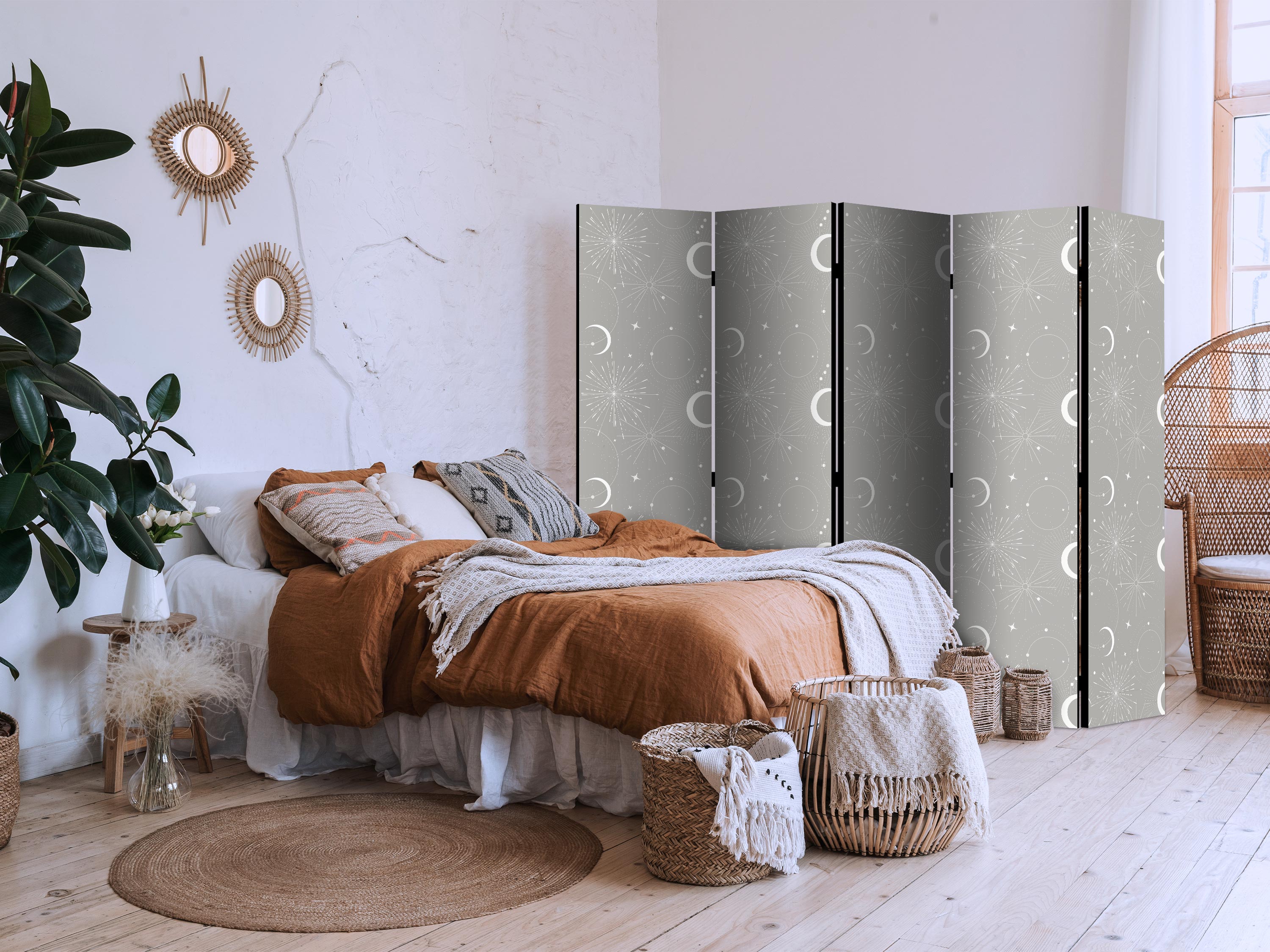 Room Divider - Cosmic Fireworks: Elegant Pattern with Moons and Stars on a Gray Background