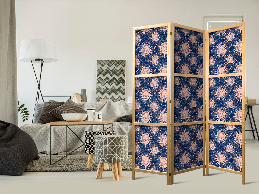 Japanese Room Divider - Sunny Pattern Repeating Sun Motif on Navy Background