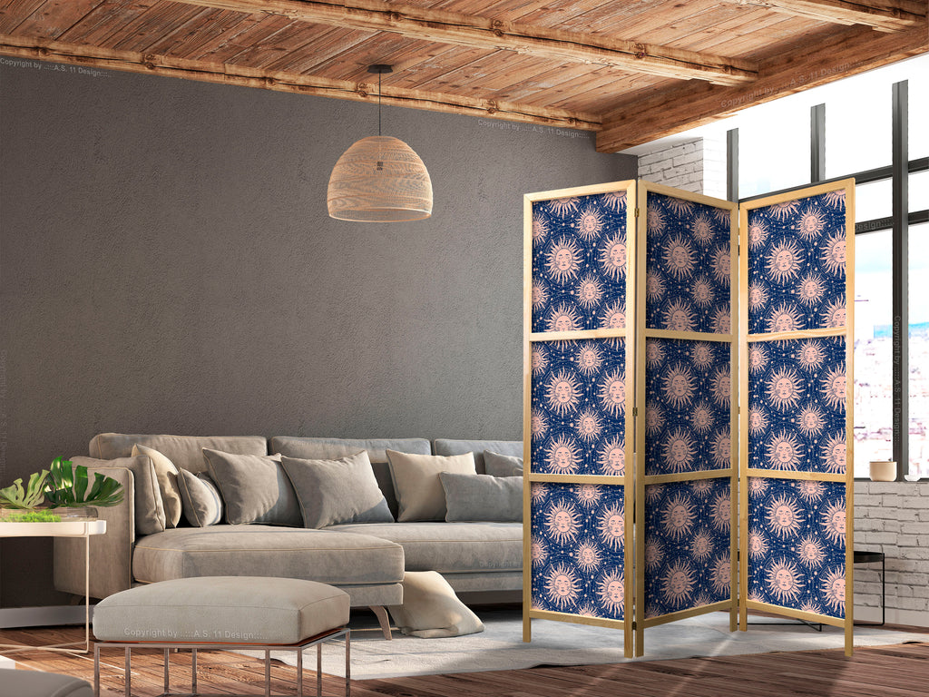 Japanese Room Divider - Sunny Pattern Repeating Sun Motif on Navy Background