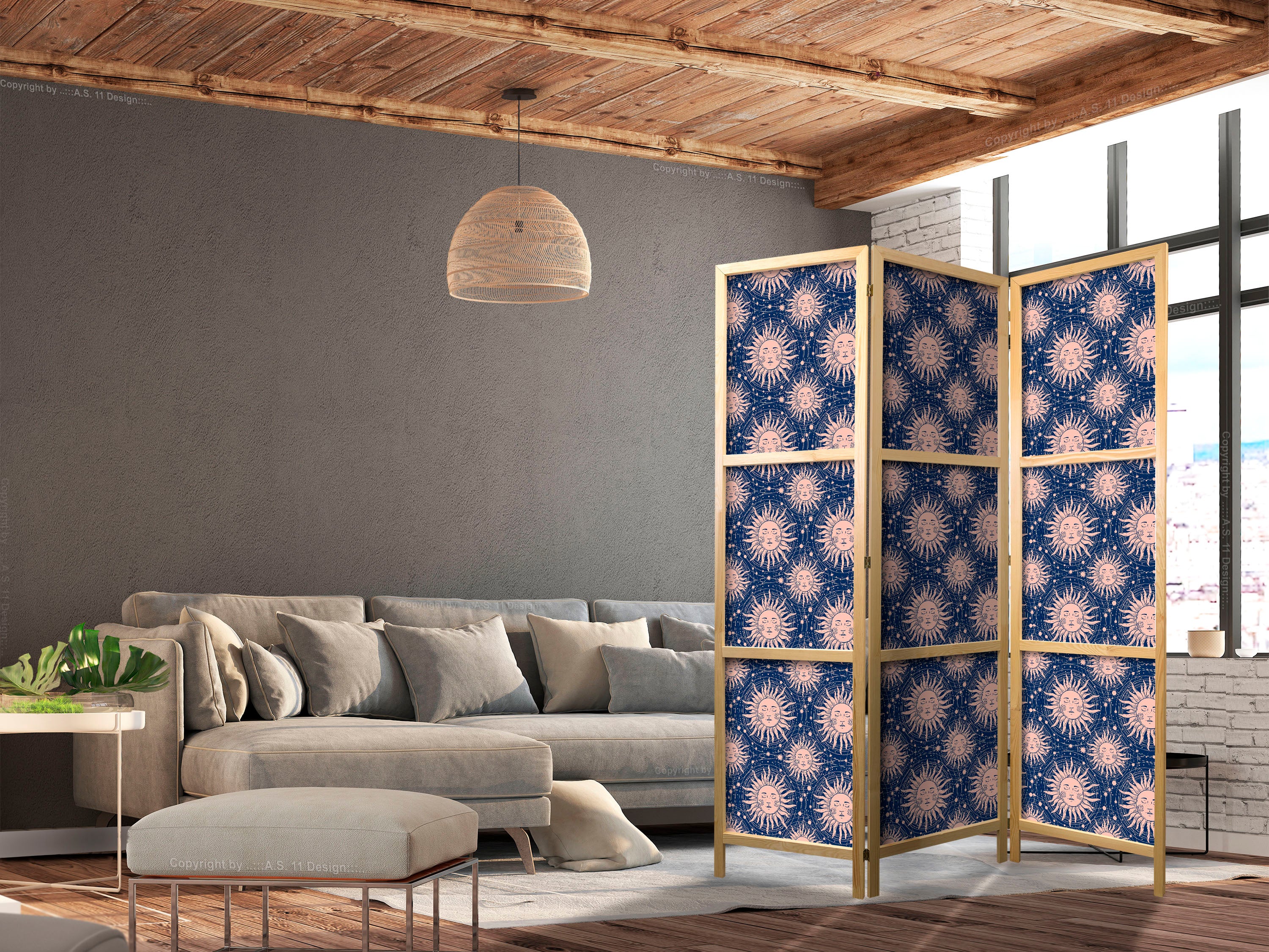 Japanese Room Divider - Sunny Pattern Repeating Sun Motif on Navy Background