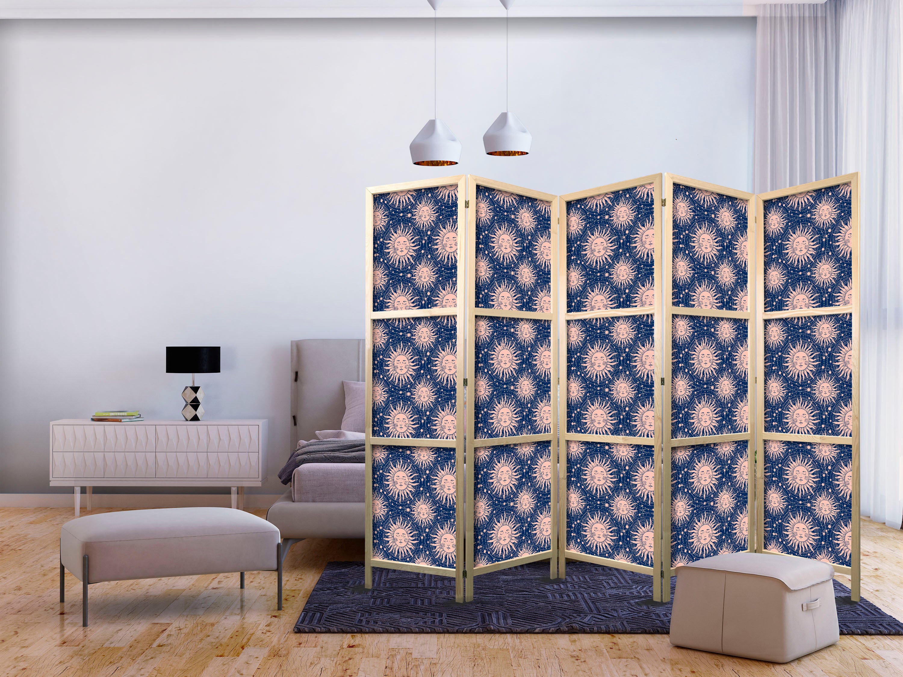 Japanese Room Divider with Sunny Pattern on Navy