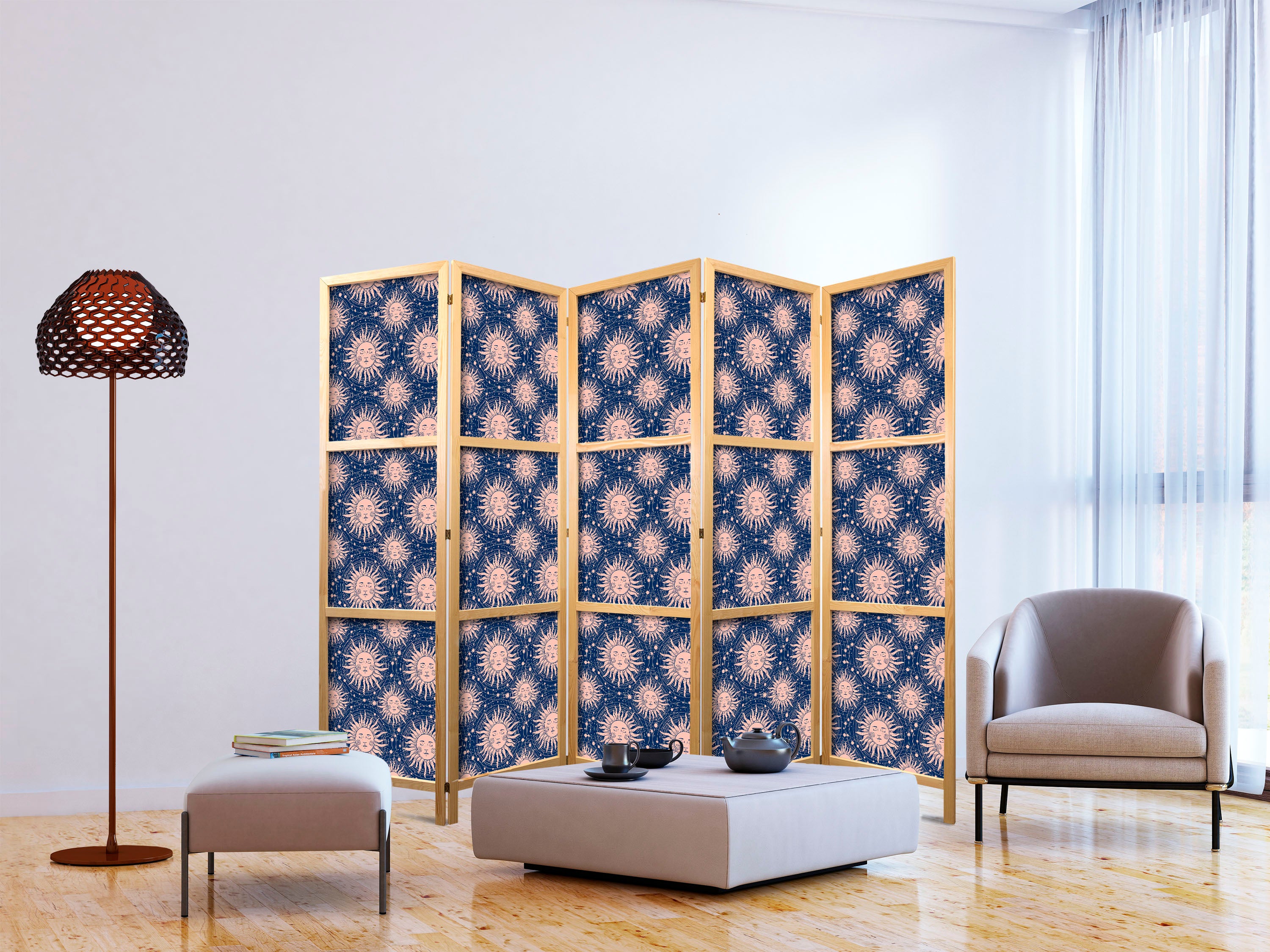 Japanese Room Divider with Sunny Pattern on Navy