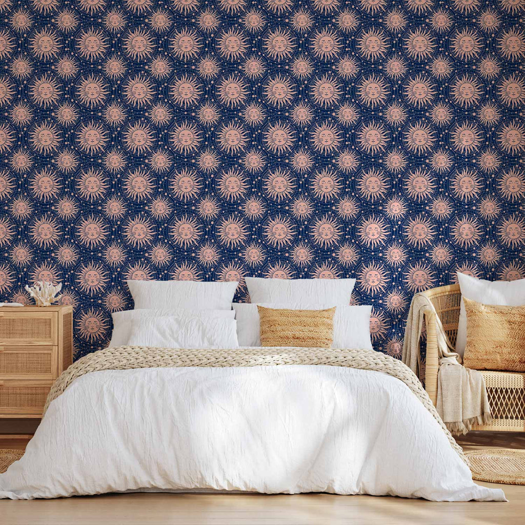 Repeating Sun Pattern Navy Wallpaper