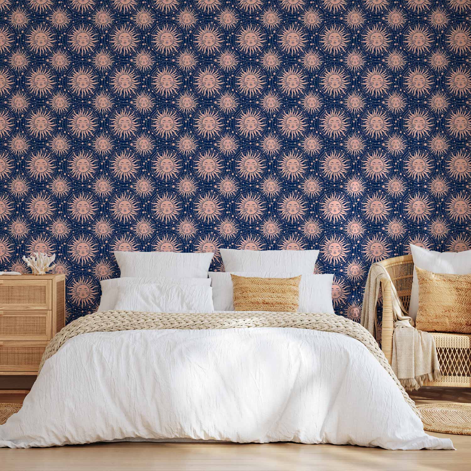 Repeating Sun Pattern Navy Wallpaper
