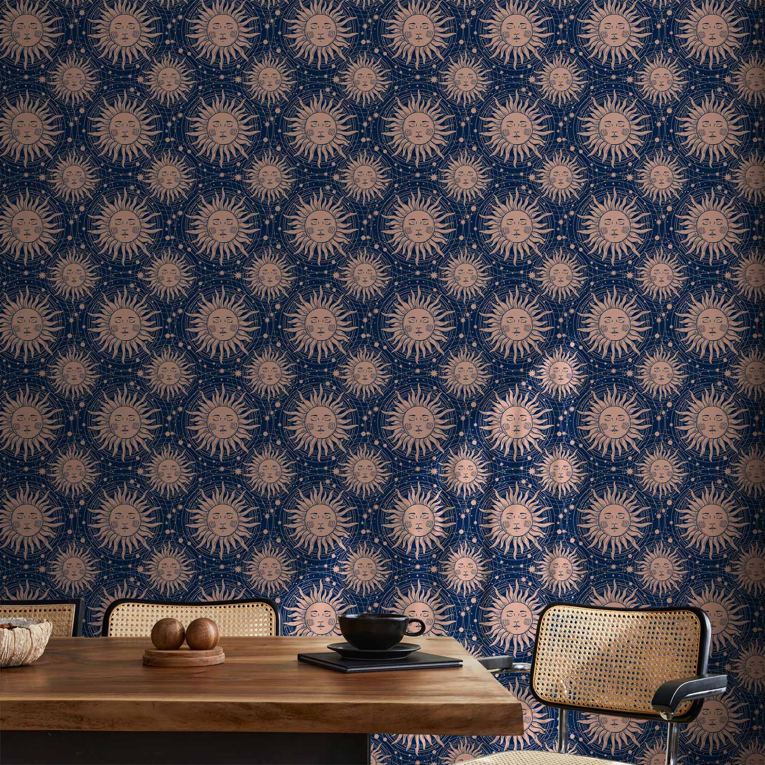 Repeating Sun Pattern Navy Wallpaper