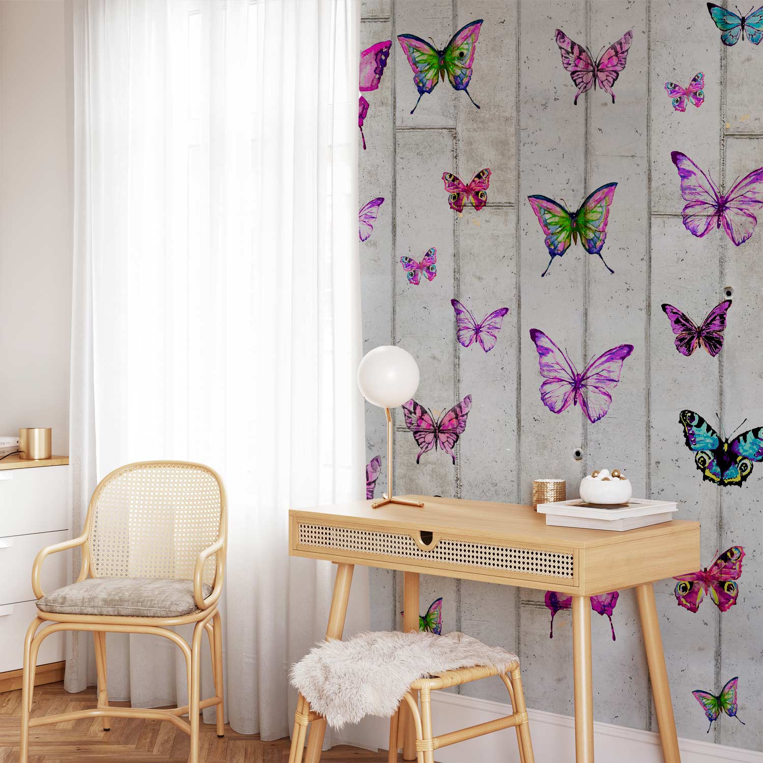 Colorful Butterflies Concrete Texture Wallpaper