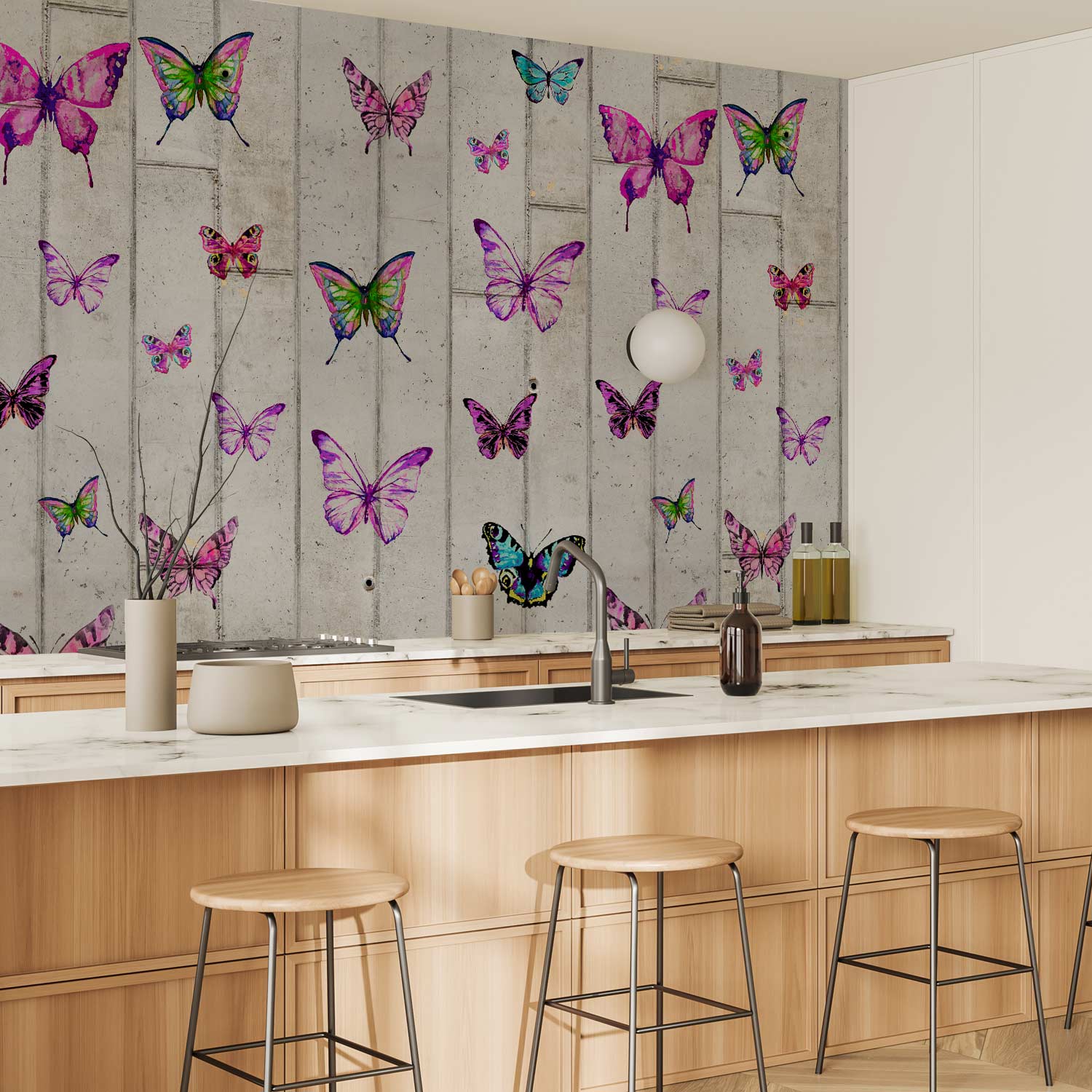 Colorful Butterflies Concrete Texture Wallpaper